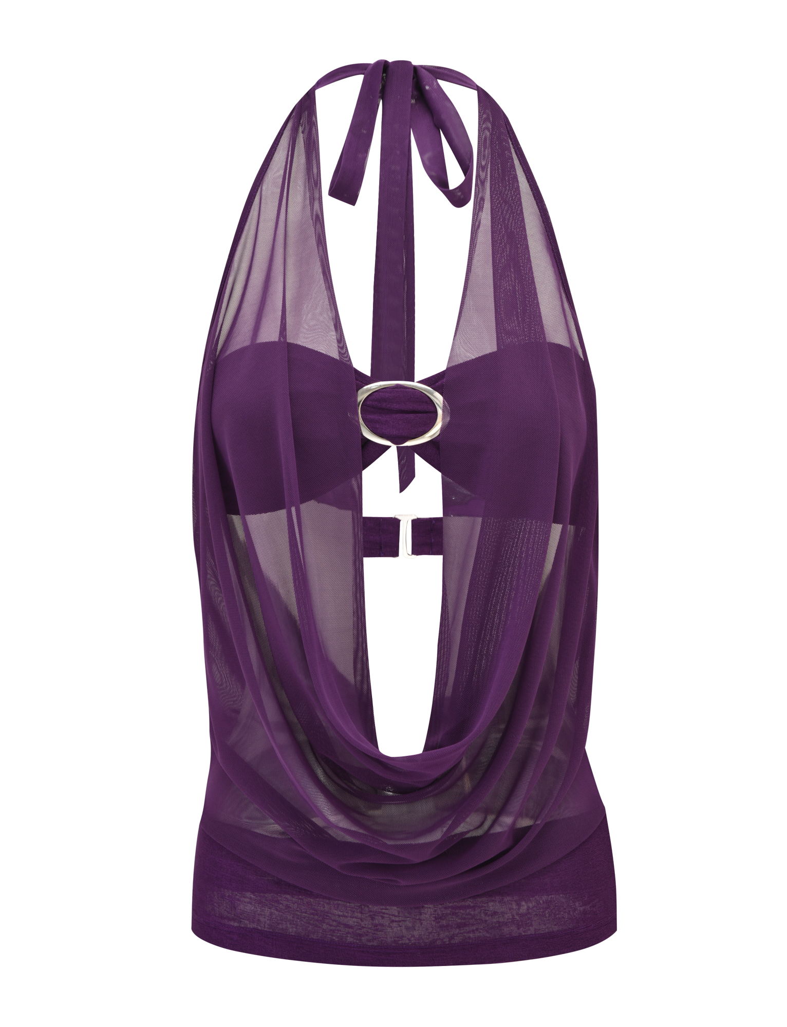 The MAKENA TWO-PIECE TOP - PURPLE by TIGERMIST is a sleeveless, sheer mesh cowl neck halter featuring a deep draped neckline, metallic oval clasp at the bust, and a flowing mesh overlay.