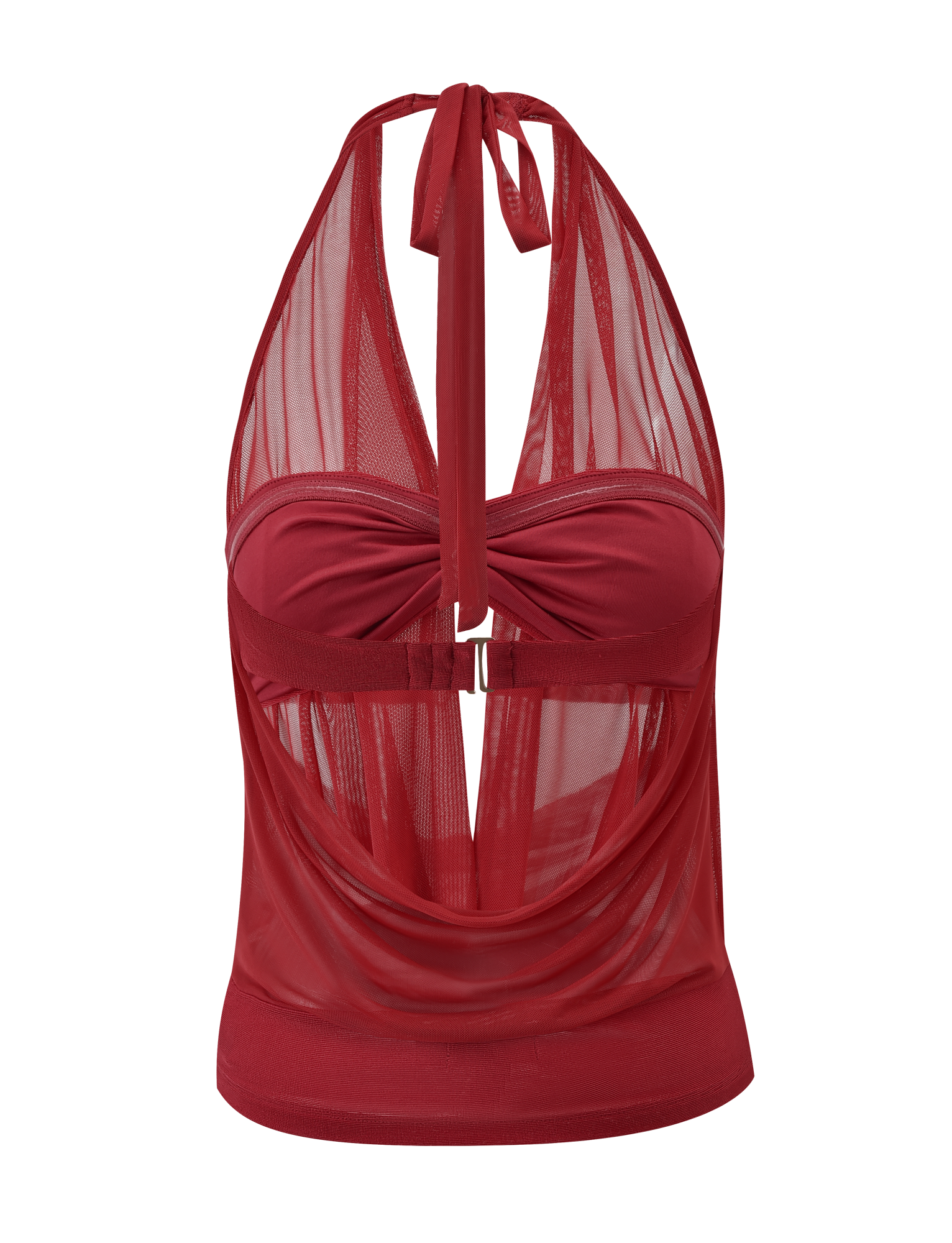 The MAKENA TWO-PIECE TOP - RED by TIGERMIST is a sleeveless mesh set featuring a ruched bust, draped sheer fabric, neck tie, chic cutout detail, and fitted silhouette—perfect for bold styling in a striking red.