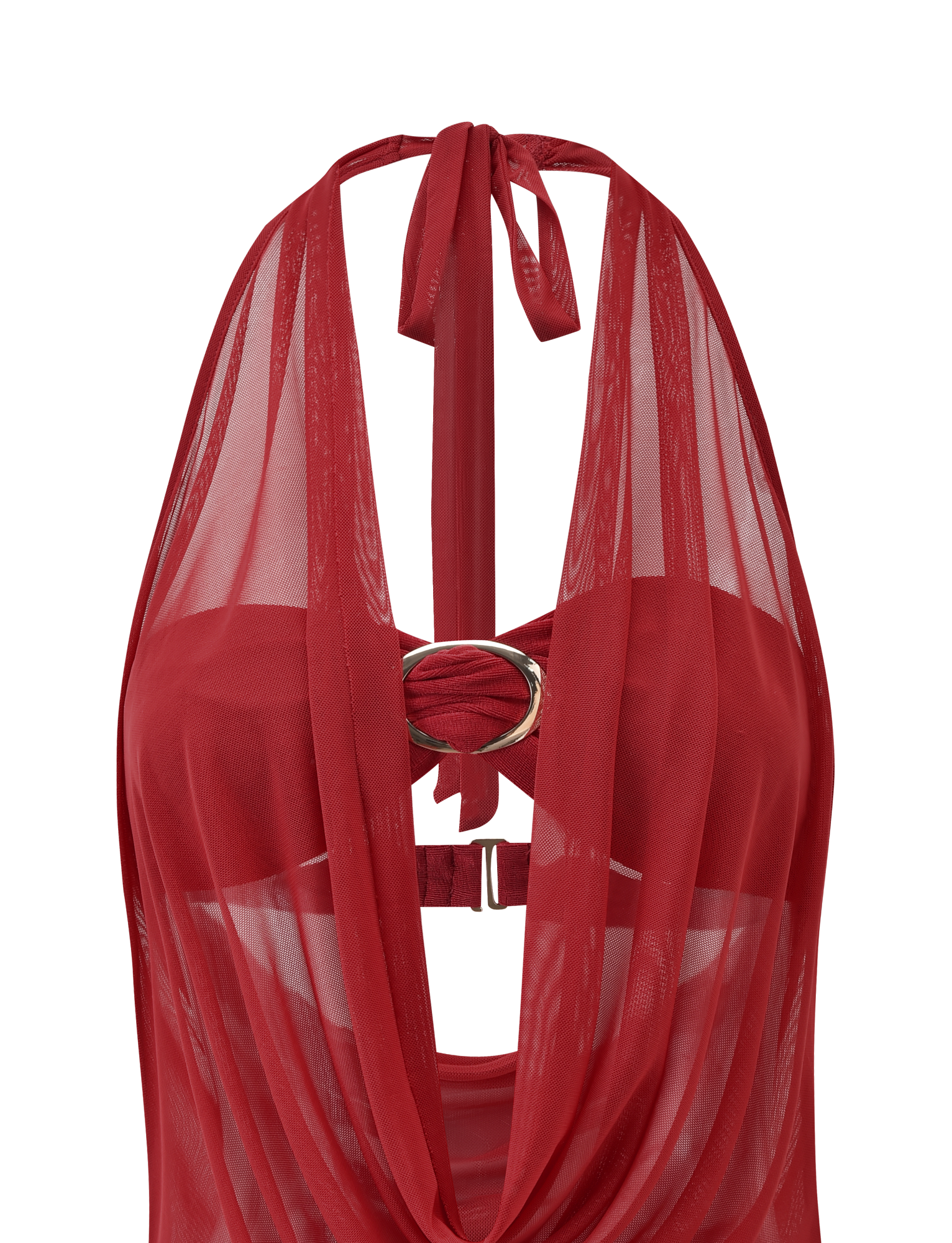 The TIGERMIST MAKENA TWO-PIECE TOP - RED is a sheer halter neck mesh top with a deep plunging neckline, draped front, open back with metallic ring detail, and neck tie—perfect for an effortlessly bold look.