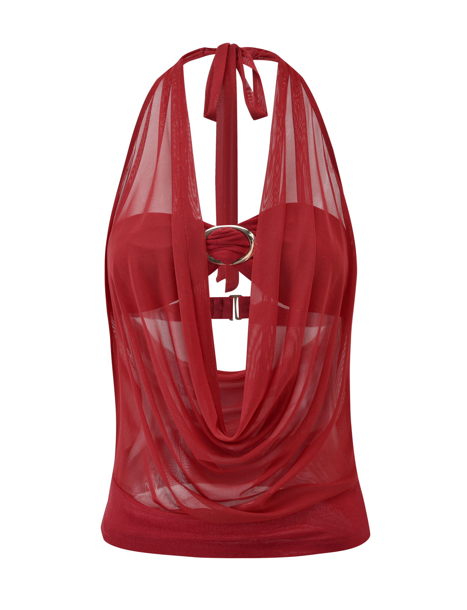 The TIGERMIST MAKENA TWO-PIECE TOP - RED features a sheer red design with a draped cowl neckline, open back with tie closure, and a metallic ring accent at the center.