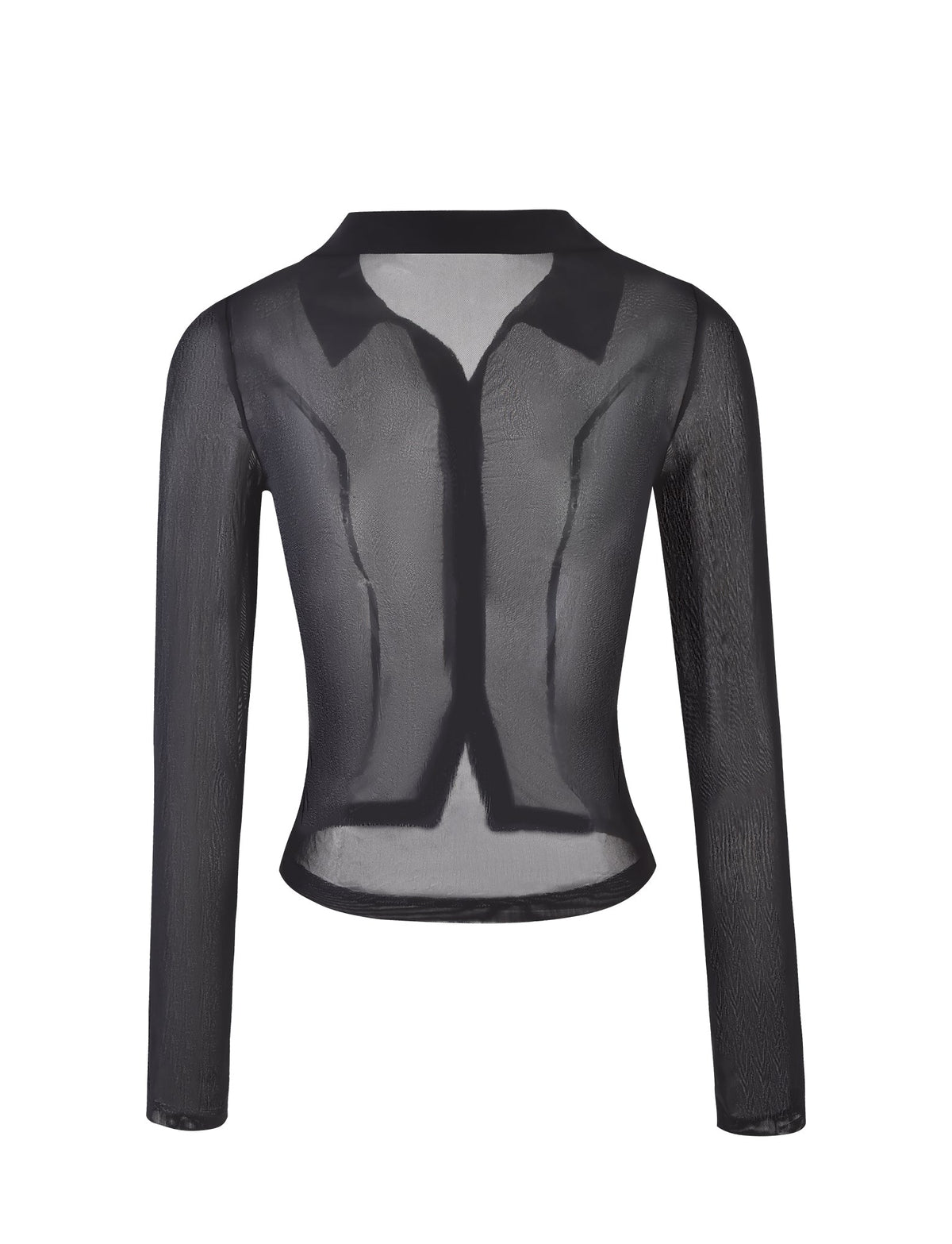 The AHLING LONG SLEEVE TOP - BLACK by TIGERMIST is a long-sleeve, sheer black mesh top featuring a collared neckline and button-down front design. With its bodycon silhouette and slightly transparent fabric, this top exudes an elegant yet edgy style.