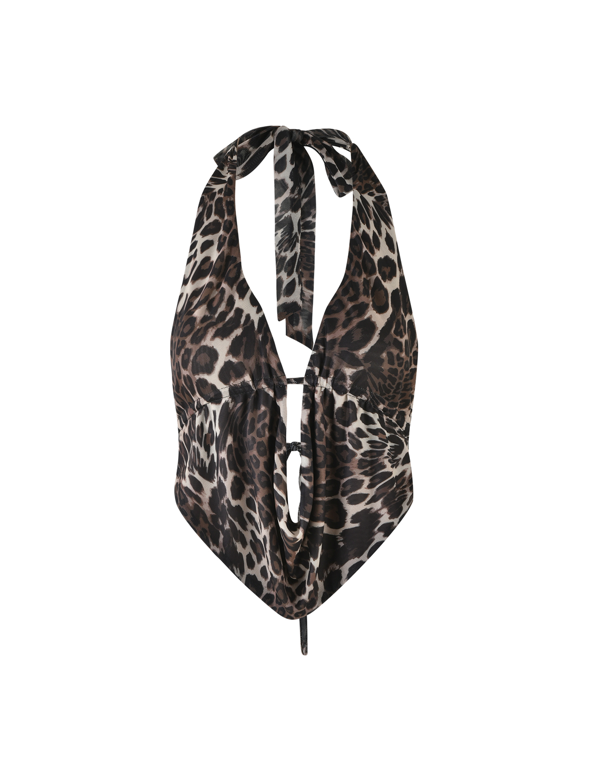 The PEARL TOP - MULTI : LEOPARD by TIGERMIST is a sleeveless, cropped halter top with a neck tie and front cut-out, featuring a trendy leopard print.