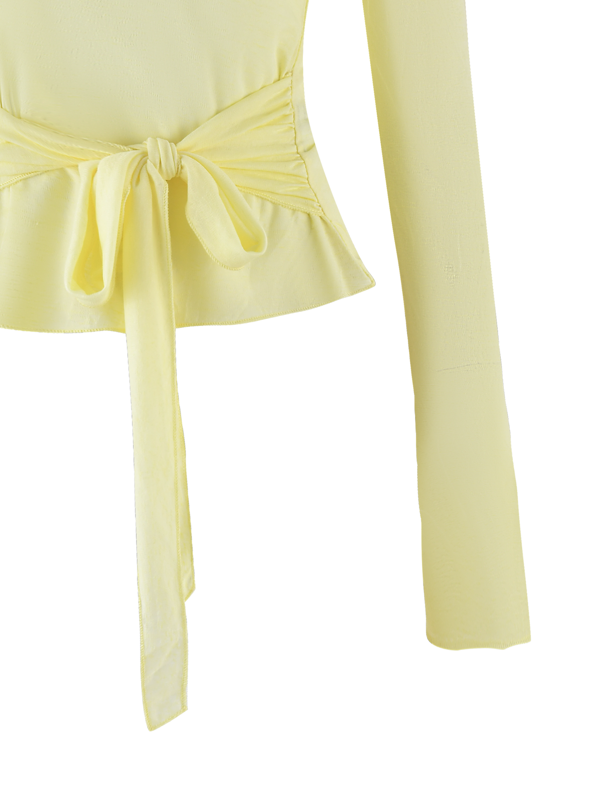TIGERMIST BRYNA JUMPER in pale lemon yellow features long sleeves, a front waist tie, and a peplum hem. Only the upper torso and right sleeve are visible.