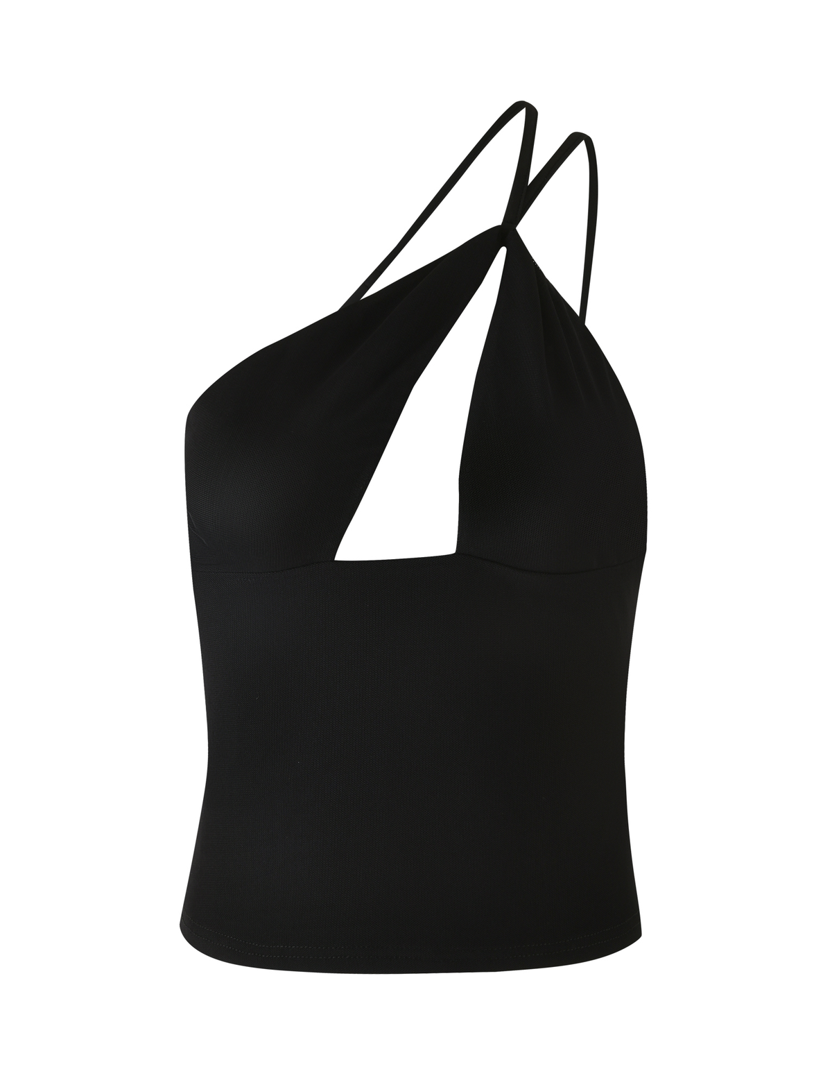 The ACADIA TOP - BLACK by TIGERMIST features an asymmetric neckline, front cut-out detail, and double thin shoulder straps, shown on a plain white background.