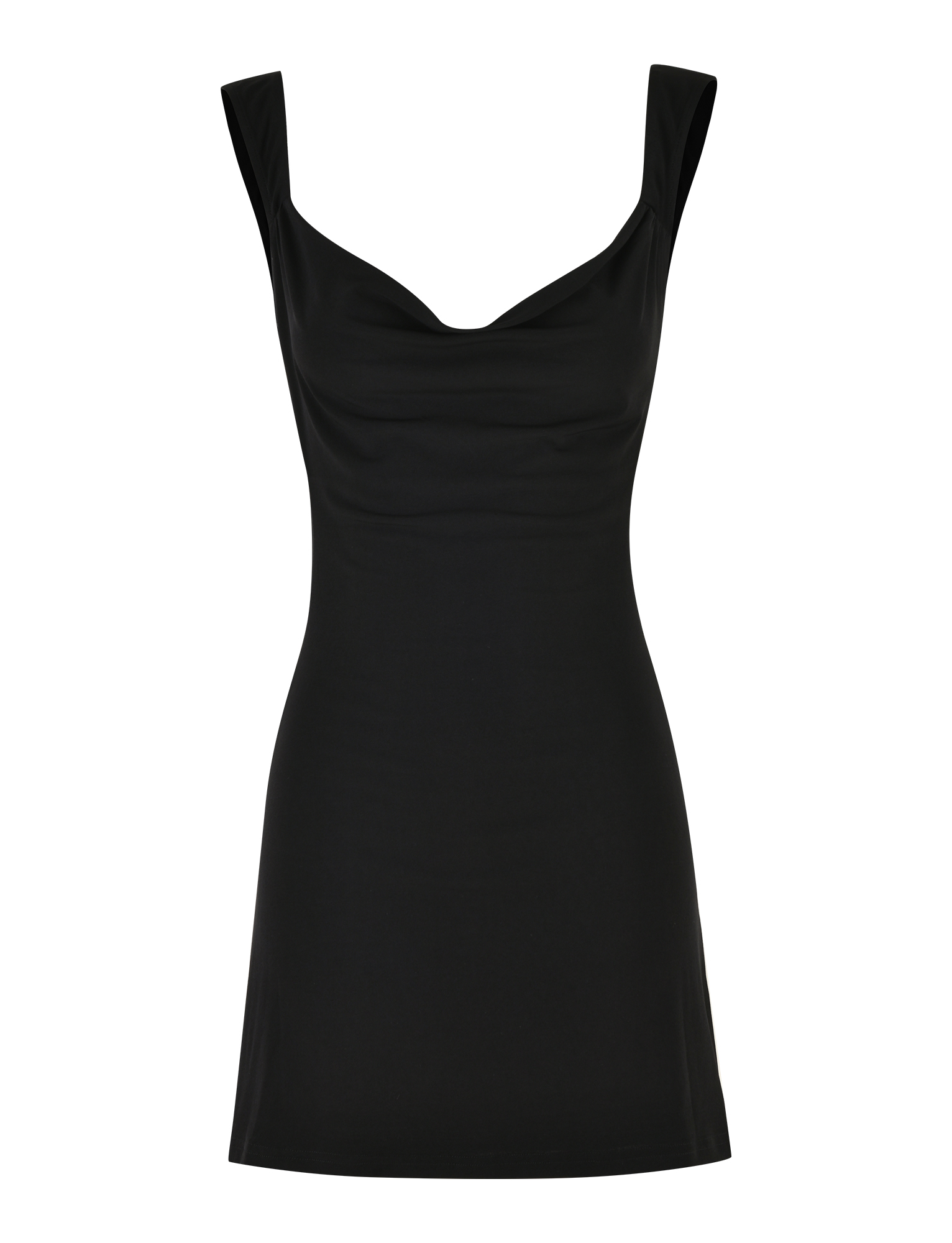 The TIGERMIST ZITA MINI DRESS - BLACK is a sleeveless A-line mini dress with a draped cowl neckline, shown on a plain white background.
