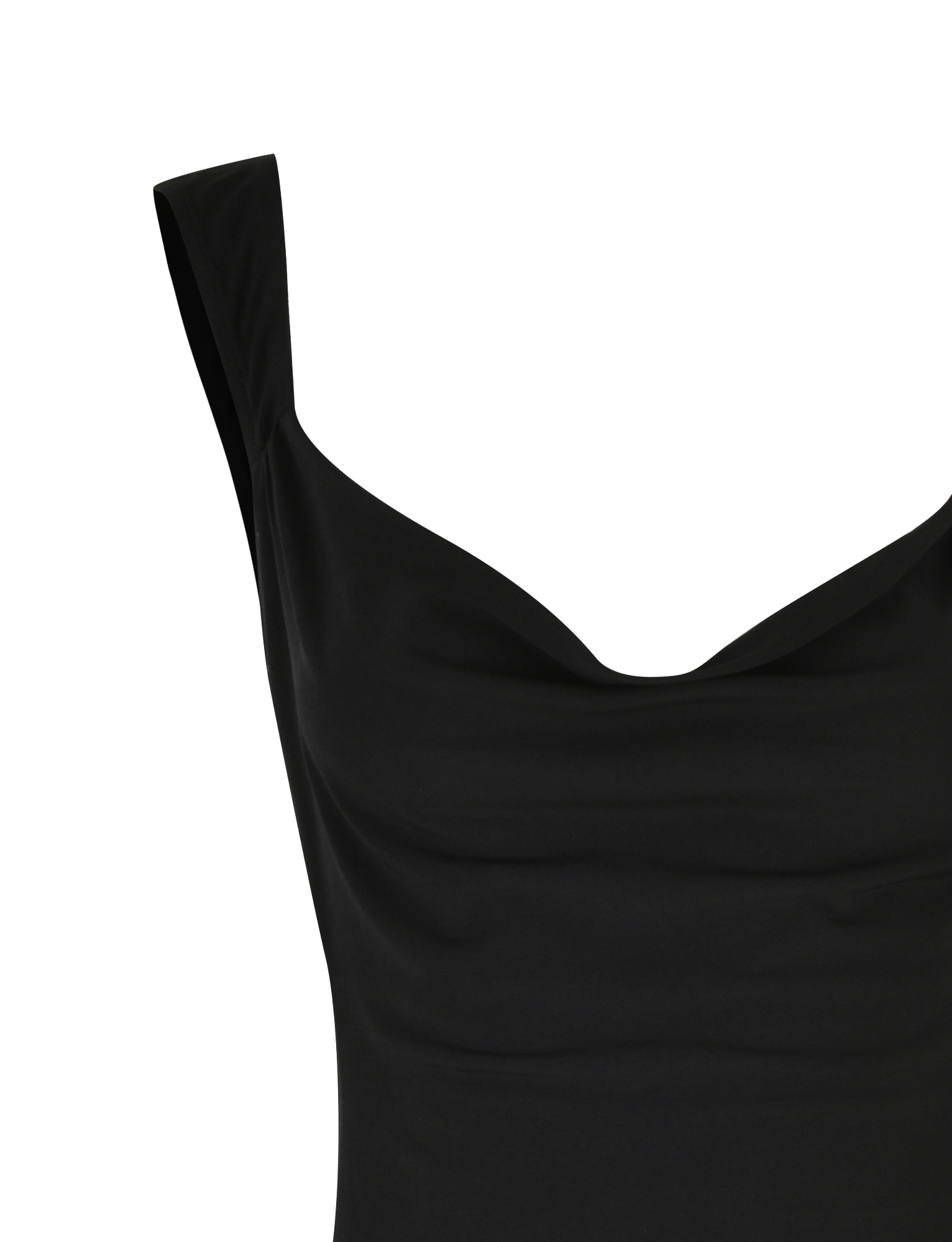 A close-up of the sleeveless TIGERMIST ZITA MINI DRESS - BLACK features a draped neckline, wide shoulder straps, and a chic A-line silhouette, shown from the upper part against a plain white background.