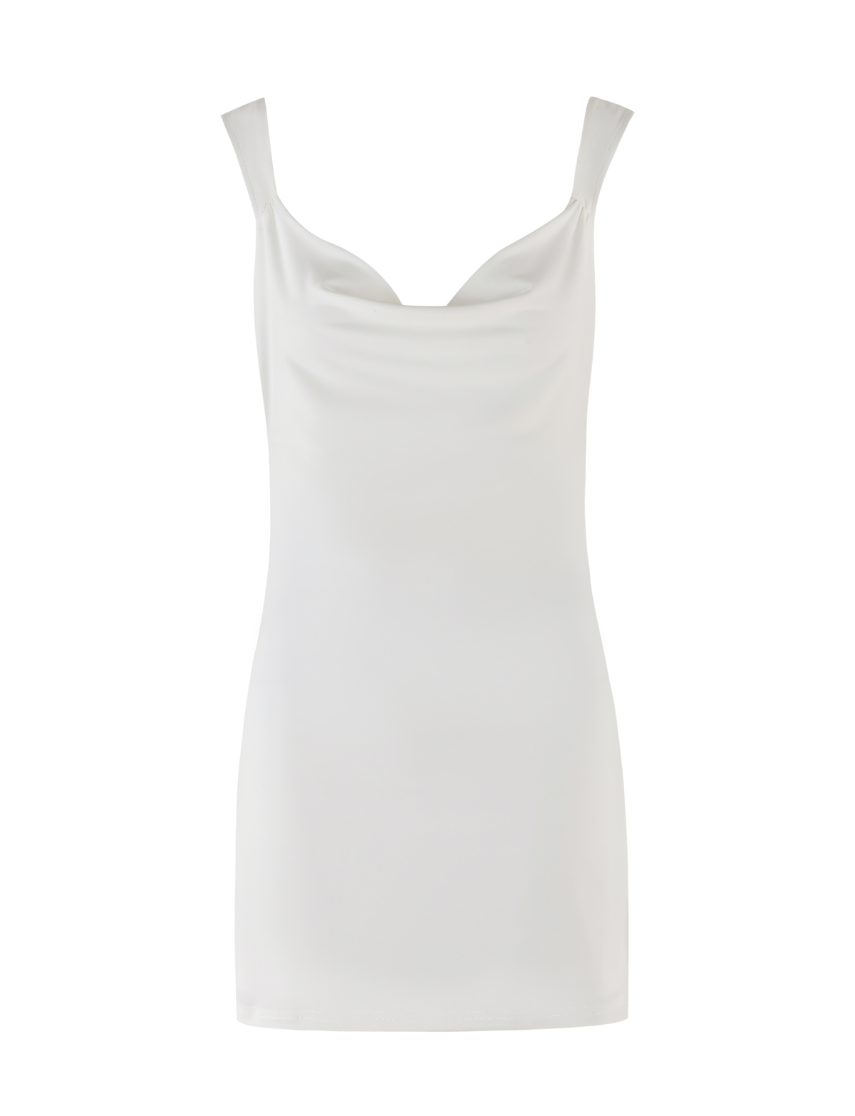 The TIGERMIST ZITA MINI DRESS in white features a sleeveless design, scoop cowl neck, fitted silhouette, and smooth fabric, shown on a plain white background.