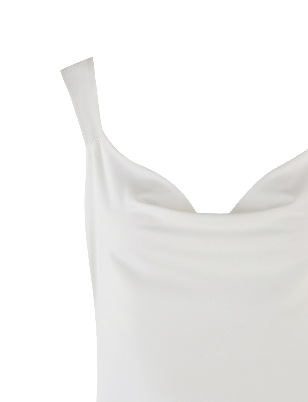 A close-up of the upper part of the TIGERMIST ZITA MINI DRESS - WHITE, featuring a sleeveless design, draped neckline, and subtle A-line silhouette against a plain white background.