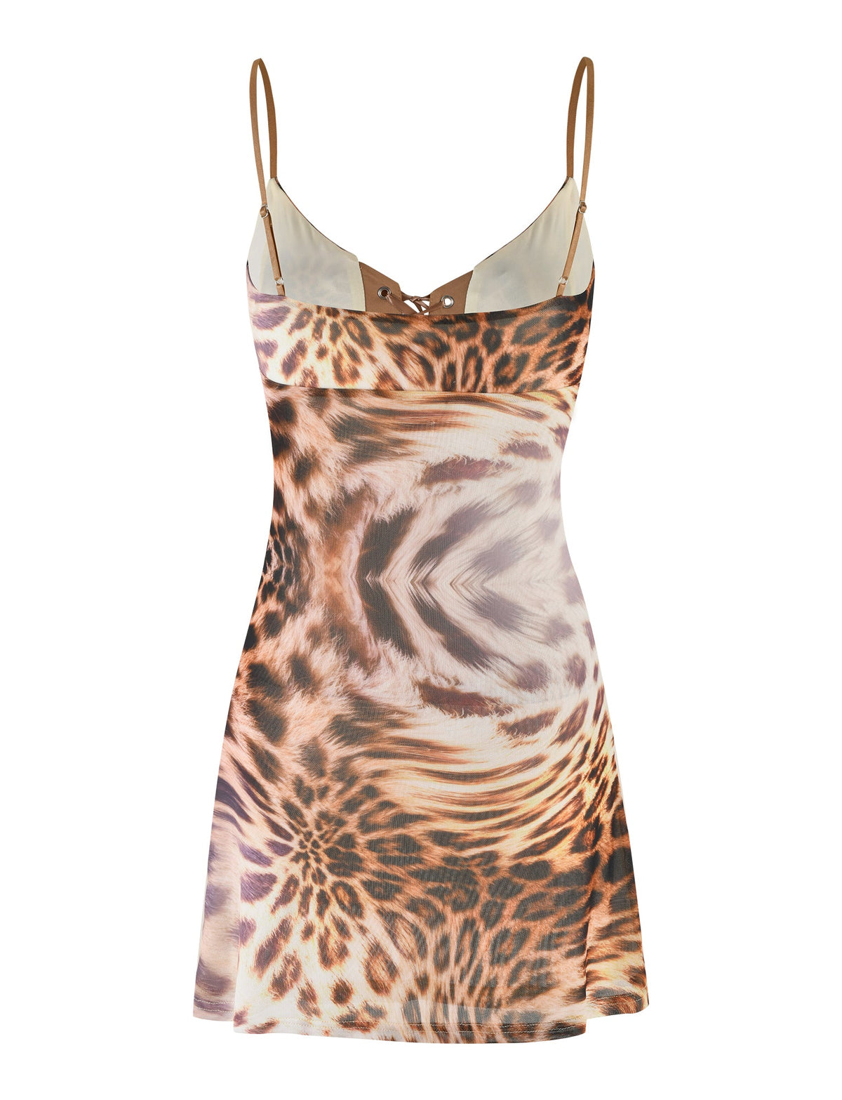 The KALILAH MINI DRESS - NEUTRAL : LEOPARD HAZE from TIGERMIST is a sleeveless, bodycon garment with adjustable spaghetti straps and a striking brown and beige leopard print design. It features a low neckline adorned with a lace-up detail at the front, showcasing an intricate pattern reminiscent of leopard spots.