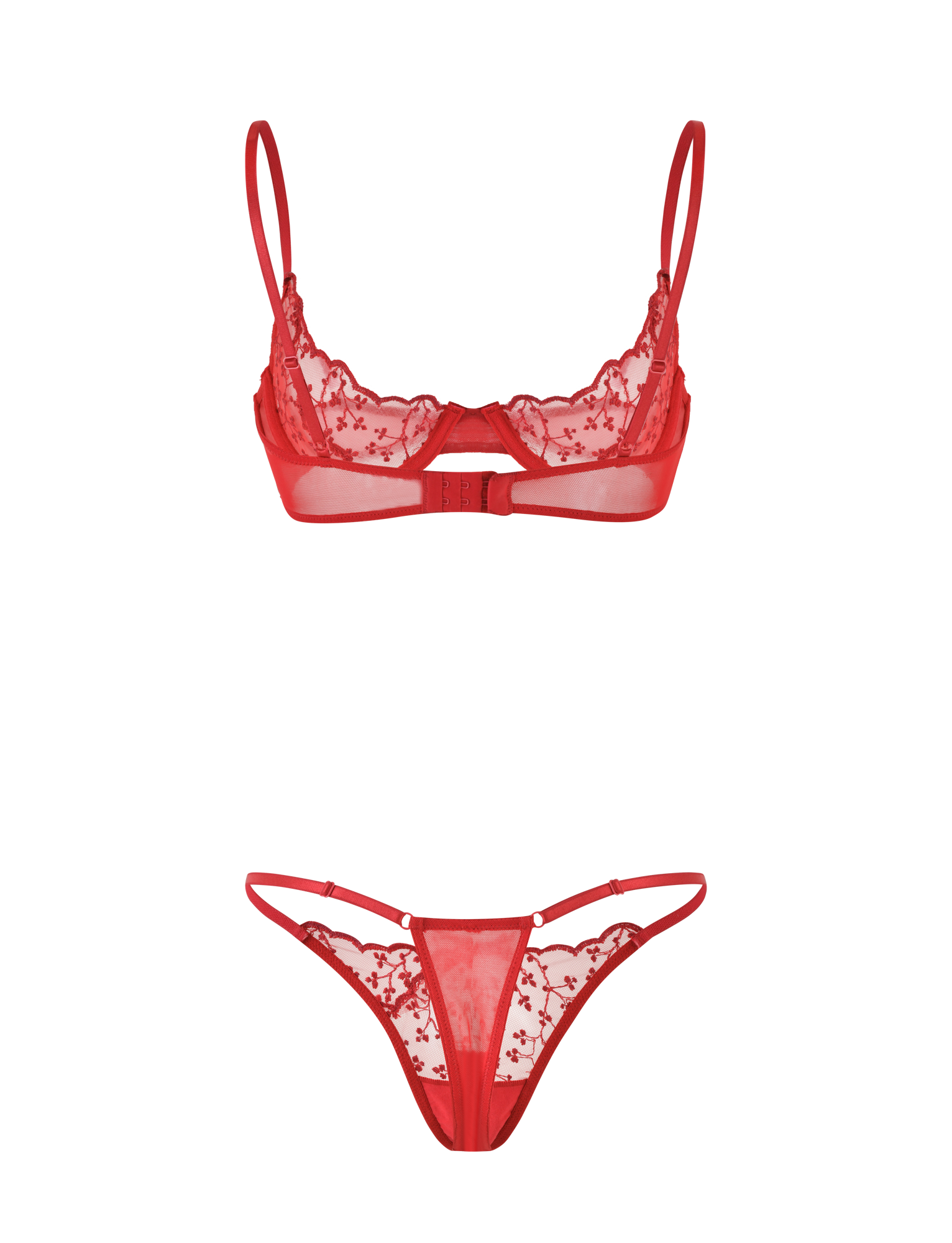 The TIGERMIST TALIYAH SET - RED is a 2-piece matching bra and panty set with sheer lace, floral patterns, adjustable straps, and coordinating lace panties for an elegant look.