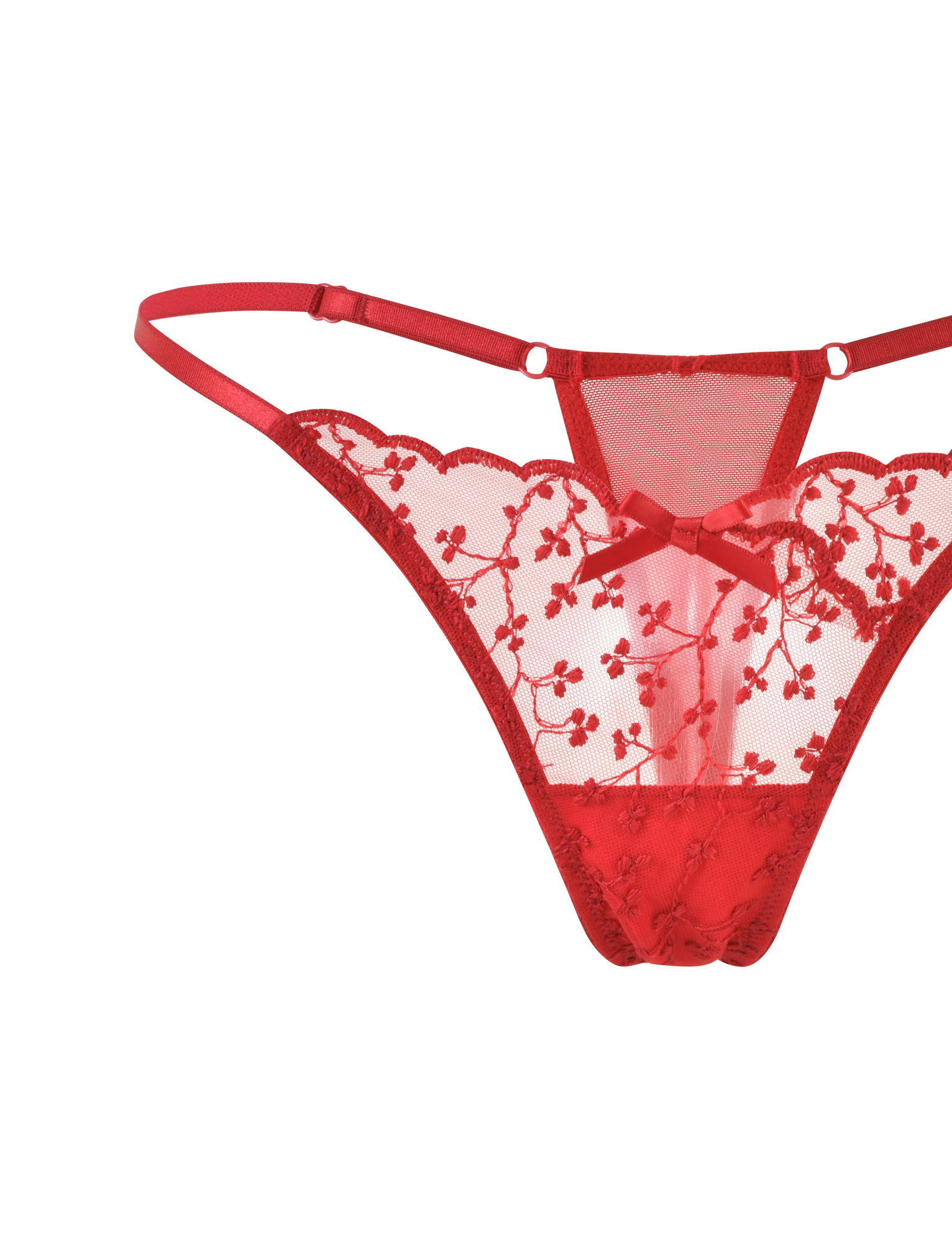 The TIGERMIST TALIYAH SET - RED features a red lace thong with floral embroidery, mesh fabric, strappy sides, and front bow, shown on a red background. Pair with the matching bra for a striking 2-piece set.