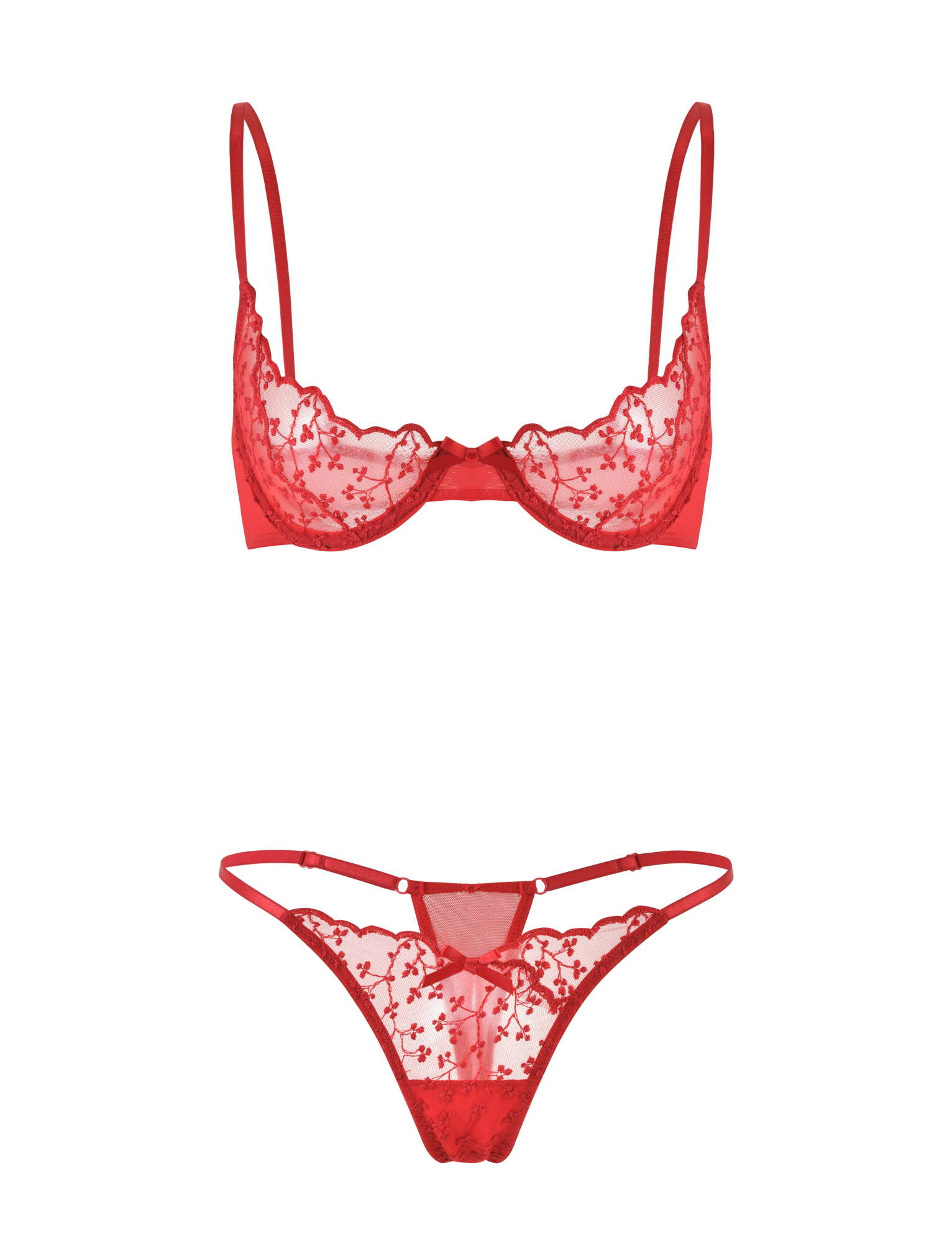 The TIGERMIST TALIYAH SET - RED is a chic 2-piece set with a matching underwire bra (adjustable straps) and thong, both featuring floral lace details. Displayed on a red background, this set radiates elegance.