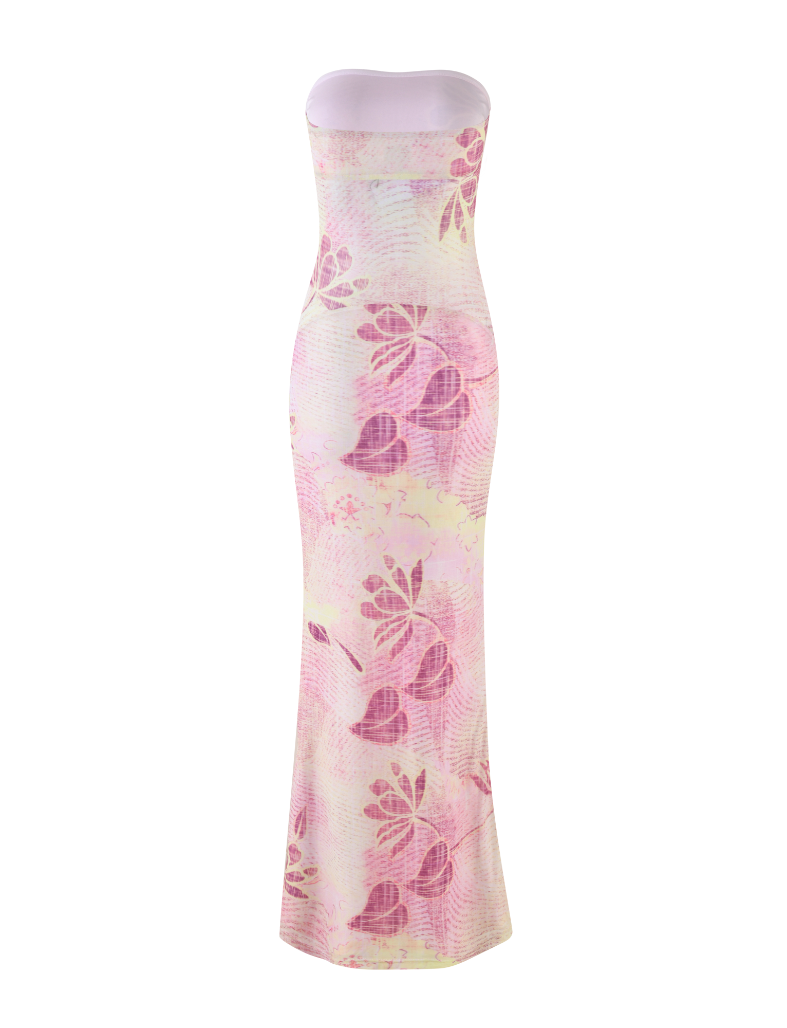 The TIGERMIST MORGAN MESH DRESS - GRUNGE FLORAL MAGENTA features a strapless neckline, floor-length bodycon fit, and pink floral print with large leaves and textured details on a light background.