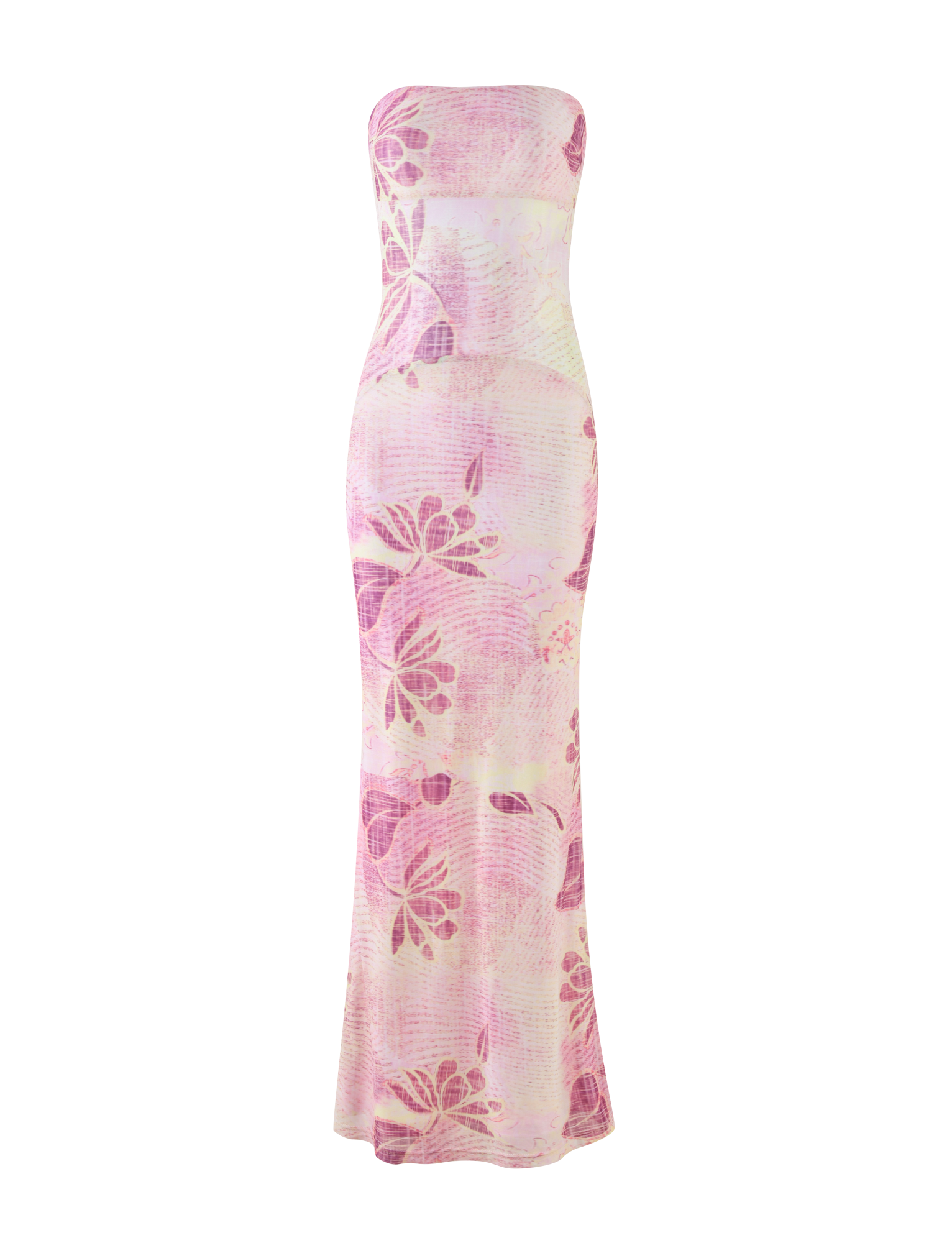 The MORGAN MESH DRESS - GRUNGE FLORAL MAGENTA by TIGERMIST is a strapless, floor-length dress with a fitted silhouette and an elegant magenta floral print on a matching pink gradient base.