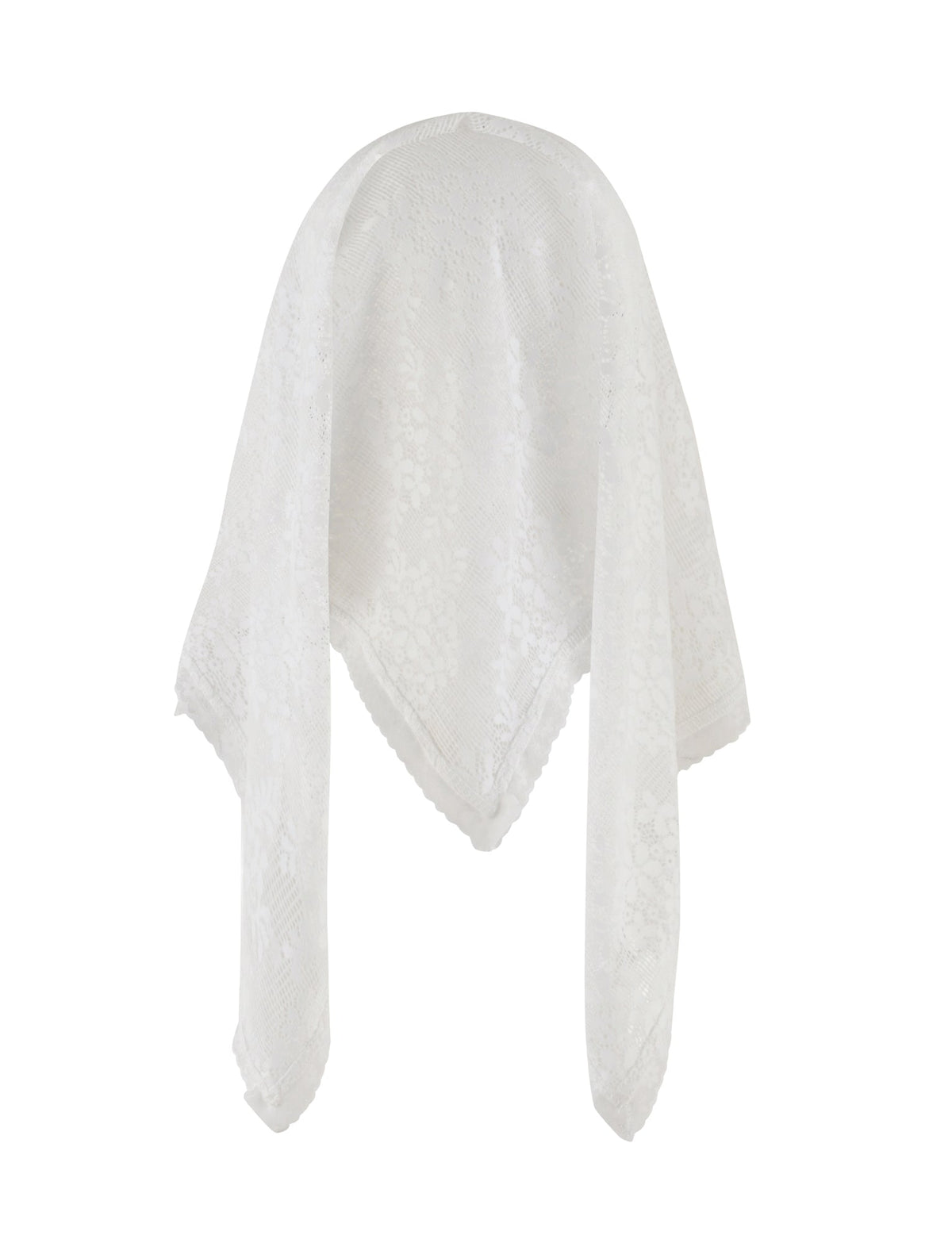 A woman with long dark hair stands against a plain background, wearing a strapless white lace top and a brown mini skirt with ruffled detailing. She has her hands by her sides, adorned with the BRIONY SCARF - WHITE by TIGERMIST, and is looking directly at the camera.