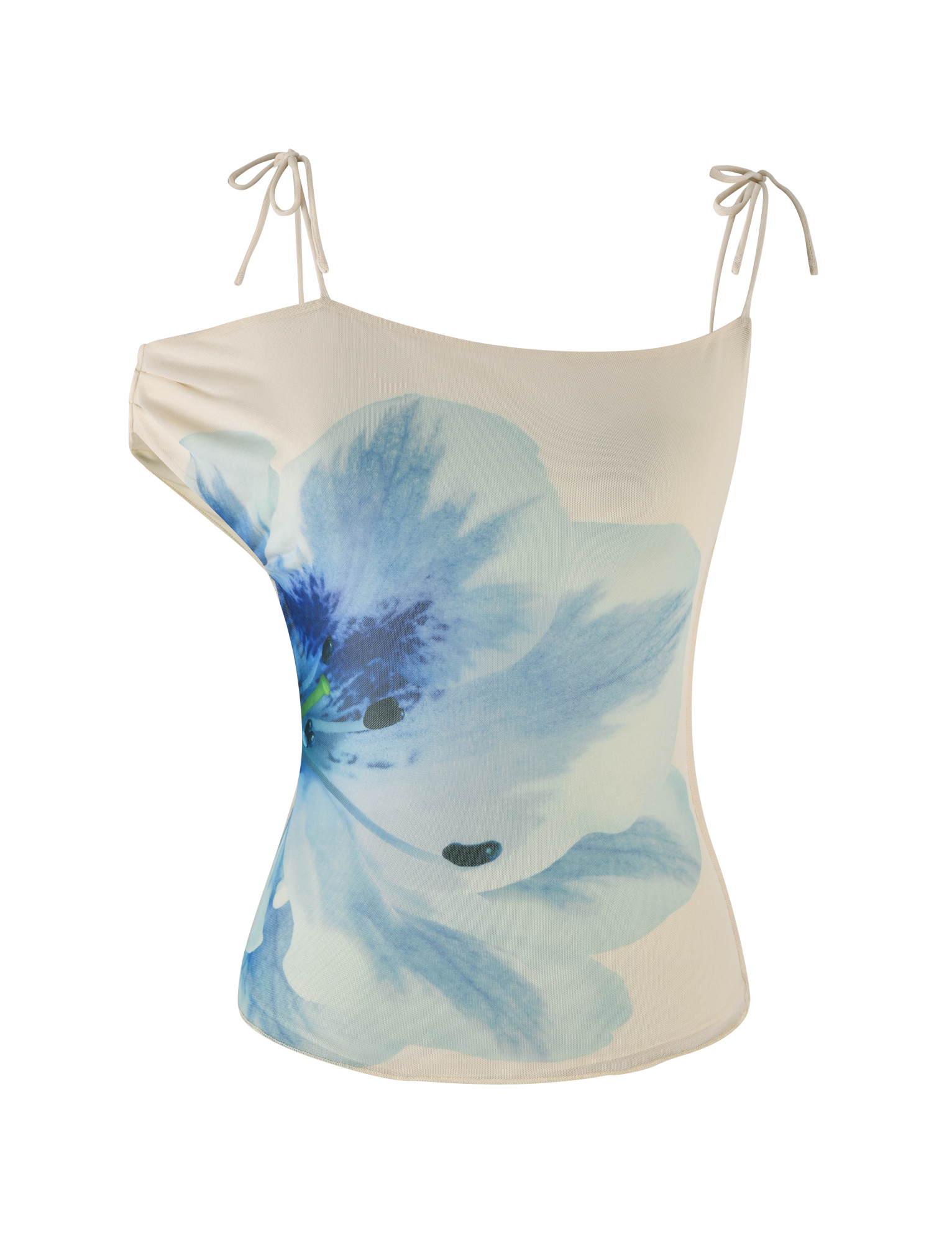 The LILLIAN TOP by TIGERMIST is a cream one-shoulder tank featuring an asymmetrical neckline, thin adjustable straps, and a bold blue floral print on the front.