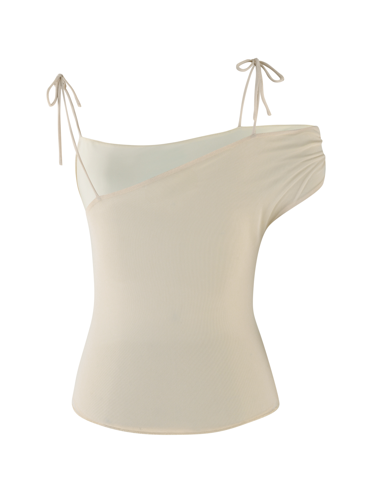 The TIGERMIST LILLIAN TOP in white, cream, and floral features an asymmetrical neckline with tie straps on both shoulders and a draped mesh design, shown on a plain white background.