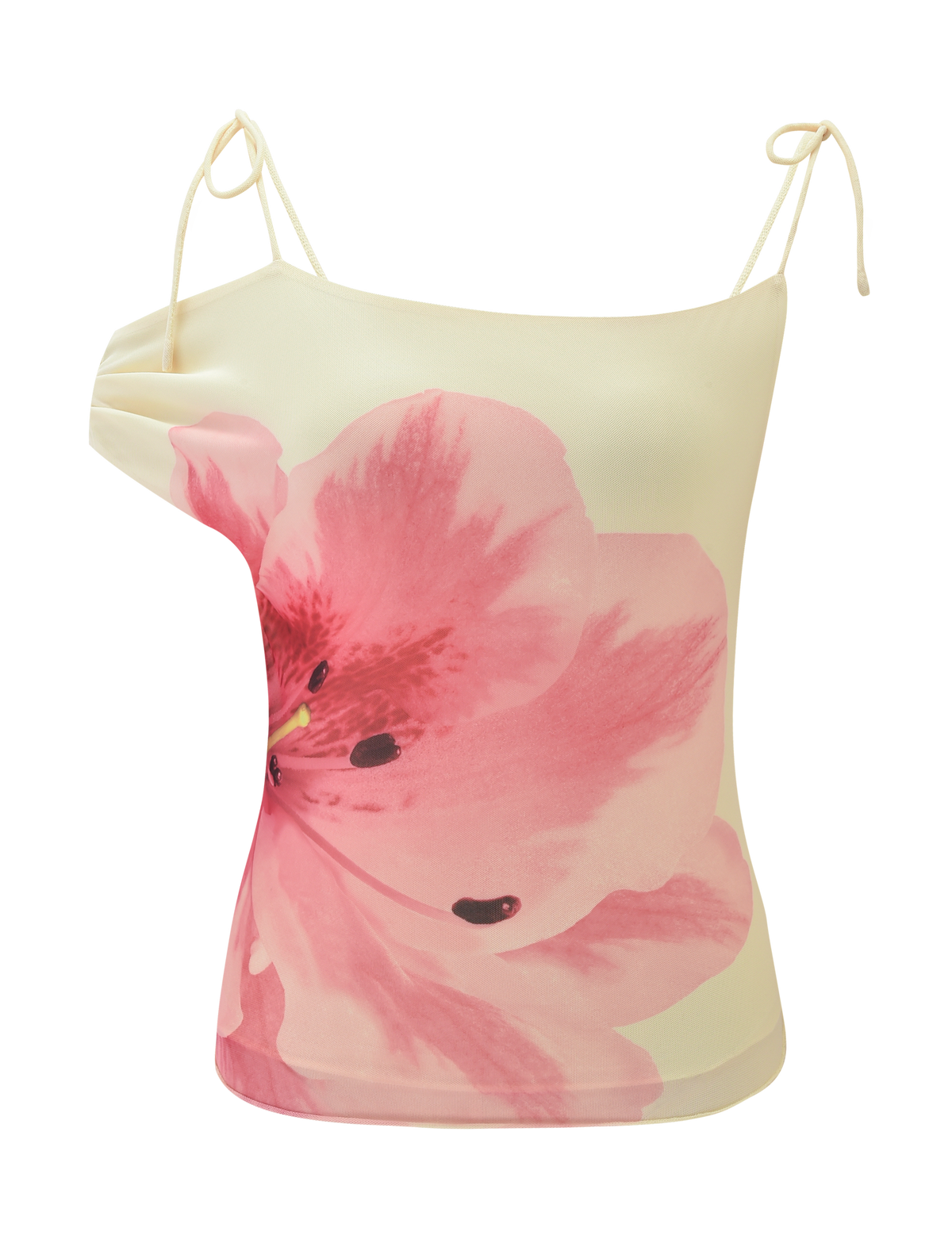 The LILLIAN TOP by TIGERMIST is a yellow off-shoulder top with thin straps, featuring a bold pink floral design on the front.