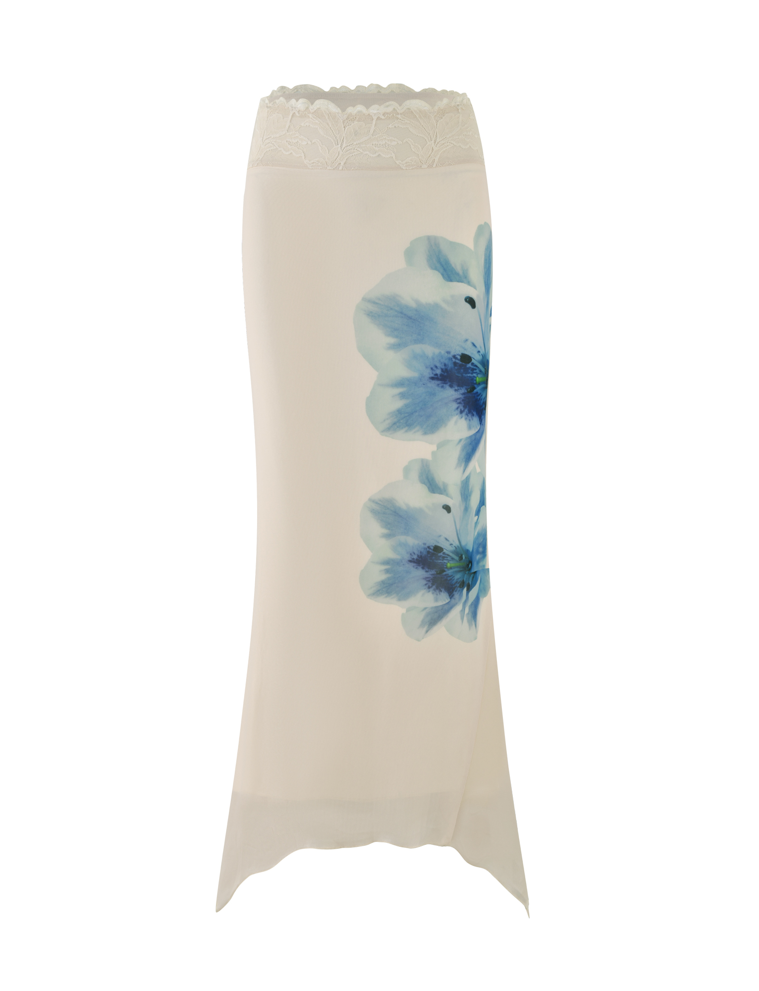 The LILLIAN SKIRT by TIGERMIST is a cream-white maxi skirt featuring a scalloped lace waistband and a striking blue floral print on one side.