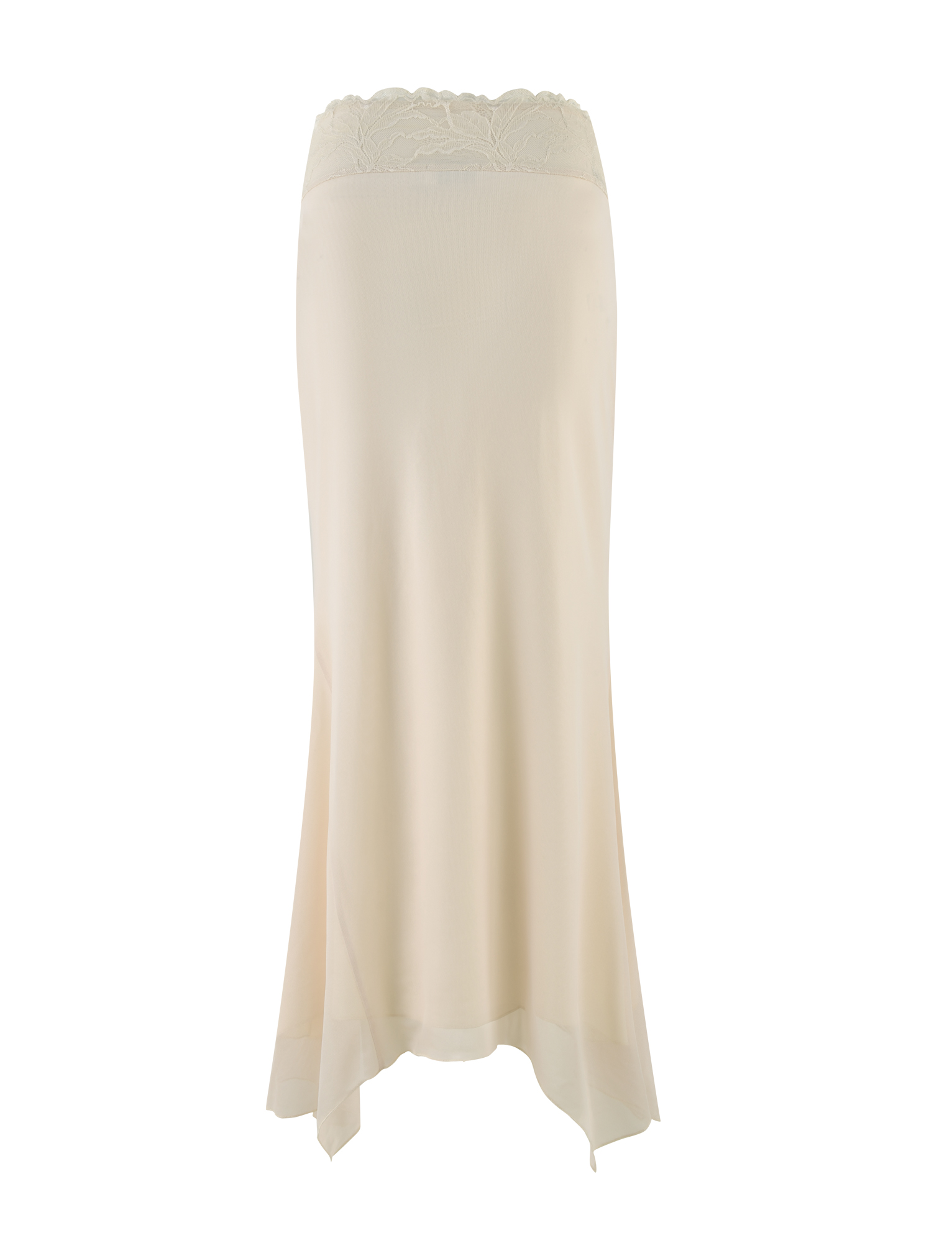 The TIGERMIST LILLIAN SKIRT in white and cream floral features a knee-length, ivory slip design with a scalloped lace waistband, flared hem, and delicate mesh details, shown on a white background.