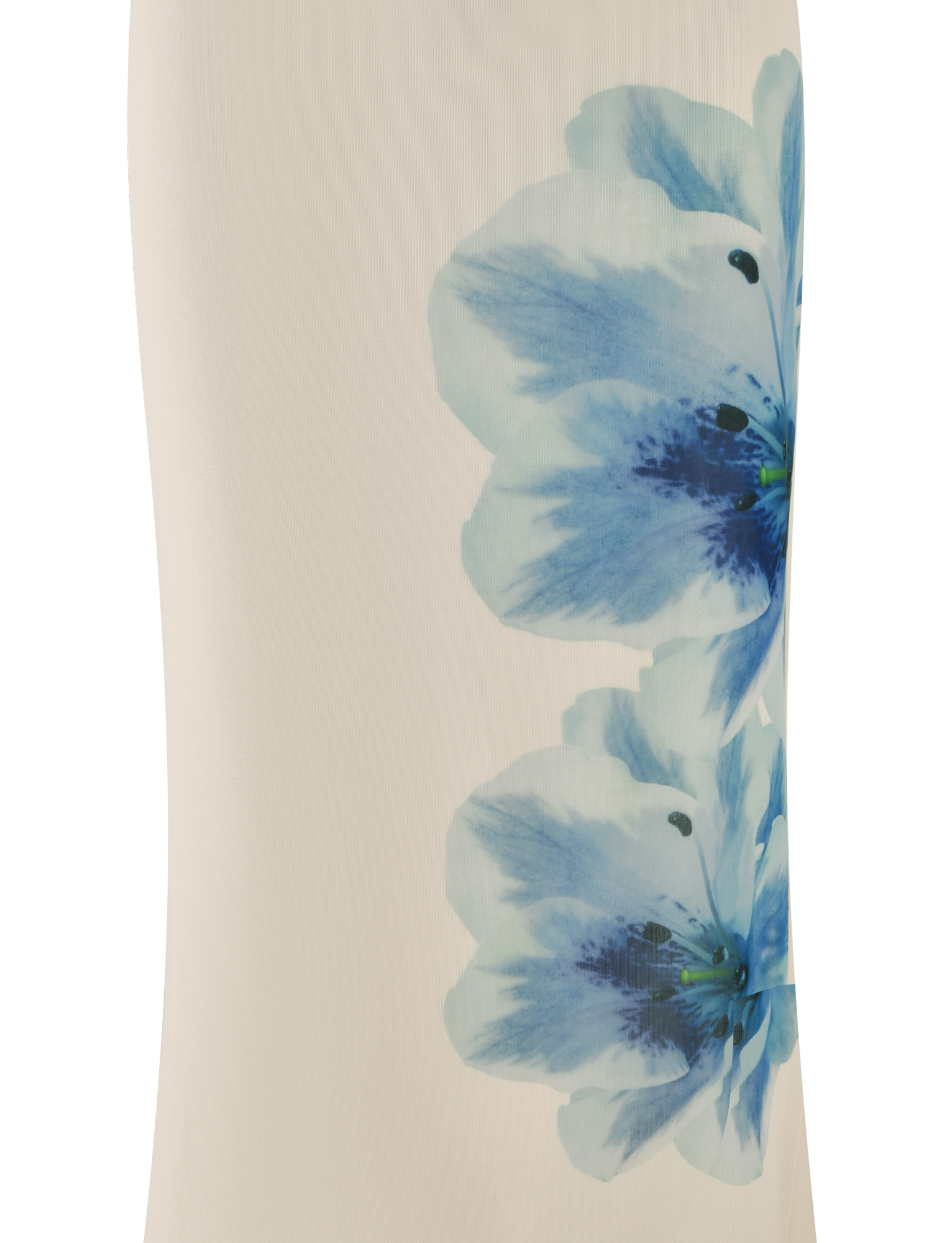 A close-up of the TIGERMIST LILLIAN SKIRT - WHITE: CREAM: FLORAL shows its cream mesh fabric with two large watercolor-style blue flowers with dark centers printed on the right side.