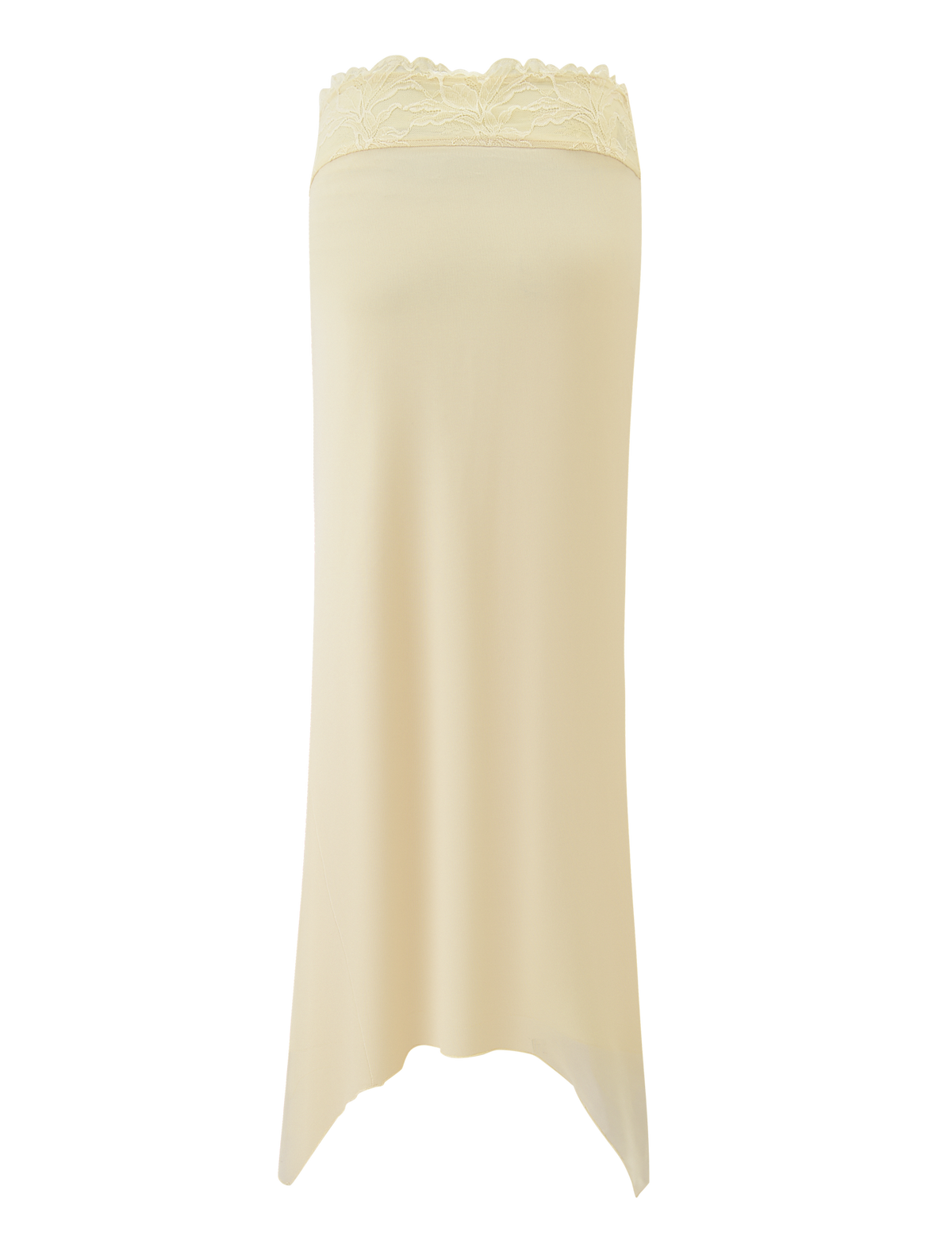 The LILLIAN SKIRT - YELLOW by TIGERMIST features a light yellow hue, lace trim waistband, and asymmetrical hem, shown on a plain background.