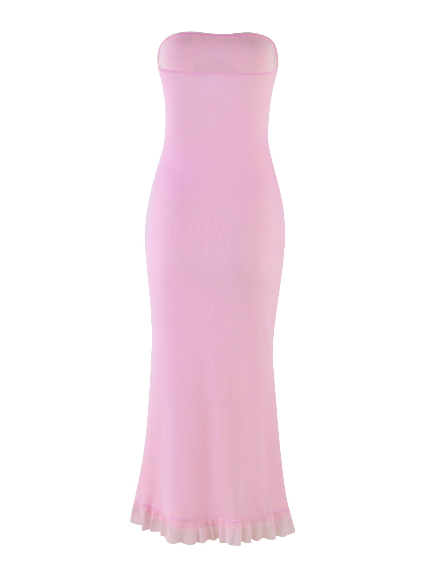 The LILLIAN DRESS - PINK : BABY PINK from TIGERMIST is a strapless, light pink gown with a fitted bodice and a sweeping floor-length skirt. This elegant dress is adorned with a delicate floral print and features a subtle flare towards the hem, which is beautifully accented with a delicate ruffled trim.