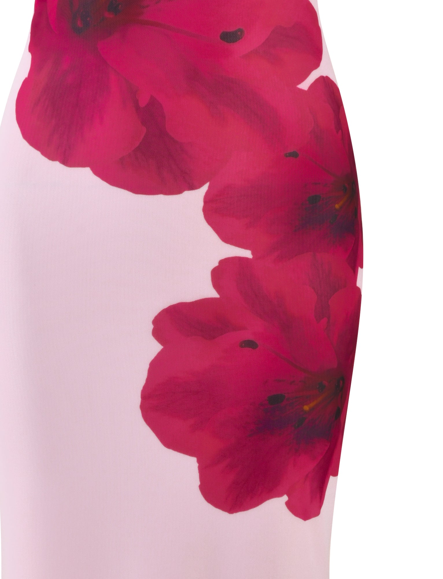 Close-up of the LILLIAN DRESS - PINK by TIGERMIST, featuring a smooth white fabric adorned with large, vibrant red and pink floral designs. Perfect for crafting into a stylish midi-length dress, the flowers on this slightly reflective textile have dark centers and soft, watercolor-like petals that blend seamlessly into the baby pink background.
