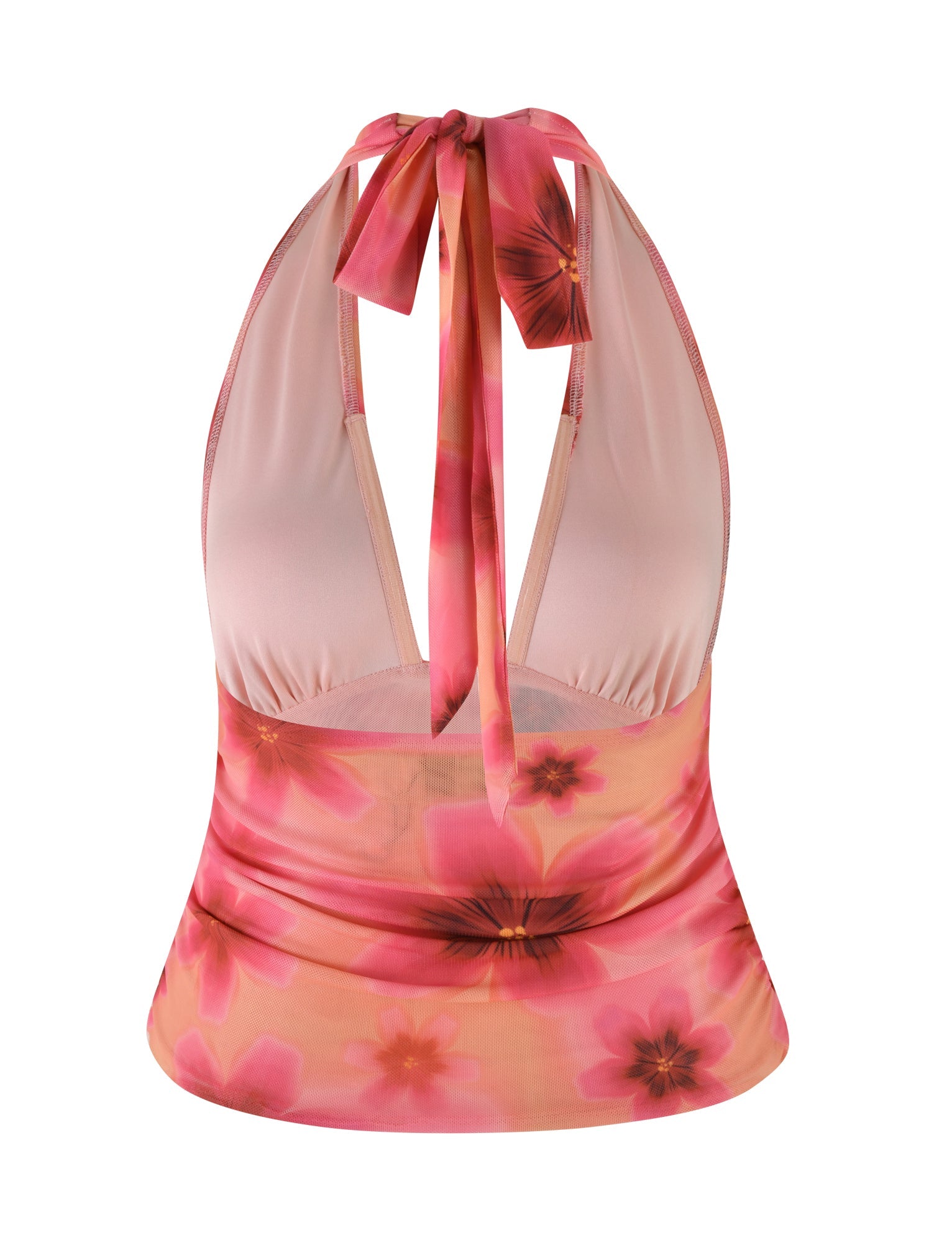 The FRANCIS TOP - MULTI : OMBRE : FLORAL by TIGERMIST is a floral print top in pink and orange hues, featuring a deep V neckline and a tie at the back of the neck. The fabric boasts a light sheen, with gentle ruching at the sides that provides a flattering bodycon fit to accentuate your curves.