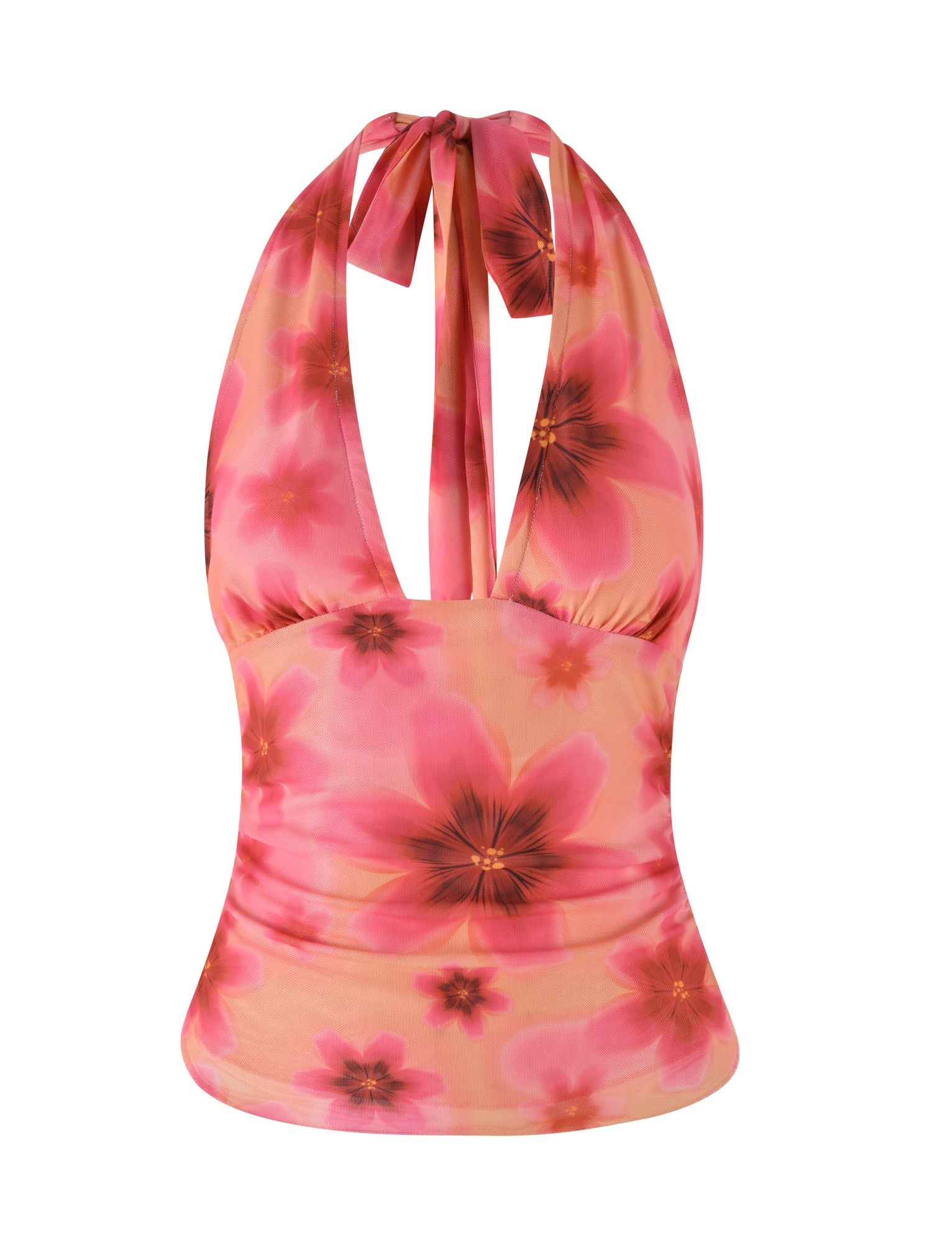 Presenting the FRANCIS TOP - MULTI : OMBRE : FLORAL by TIGERMIST: a stunning sleeveless, halter-neck top designed with a plunging neckline. It features a vibrant pink ombre floral print on a light background and ties elegantly at the neck. The fitted bodice and subtle ruching at the waist create a flattering silhouette and ensure a bodycon fit.