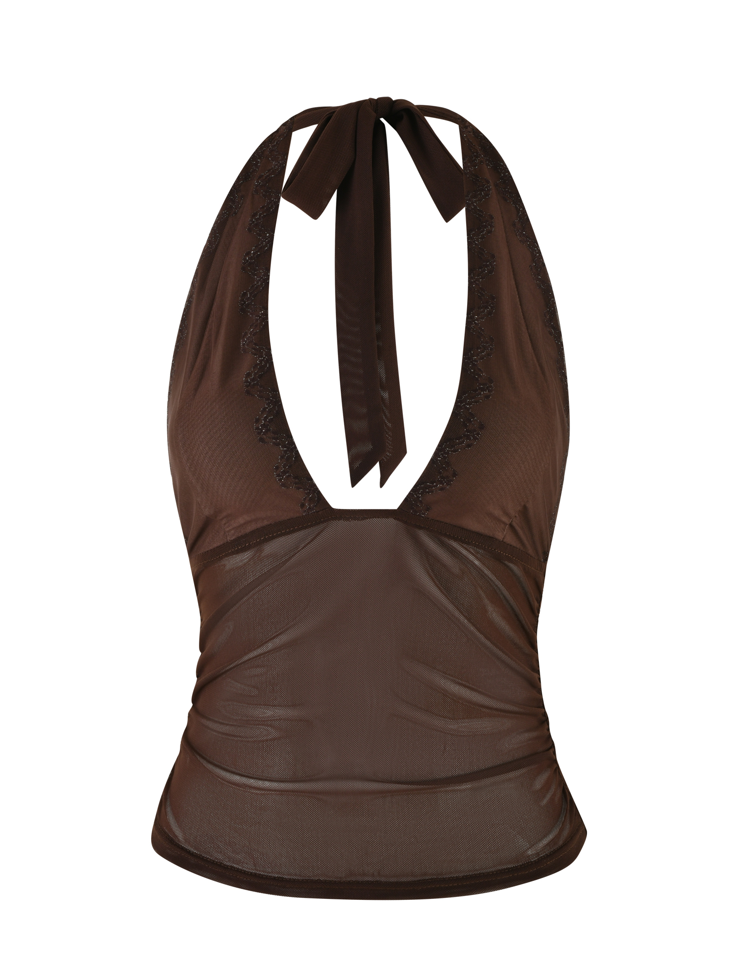The TIGERMIST BRESILY TOP - BROWN : CHOCOLATE is a sheer brown halter with a deep V neckline, lace trim, neck tie closure, and semi-transparent mesh fitted at the waist for effortless style.