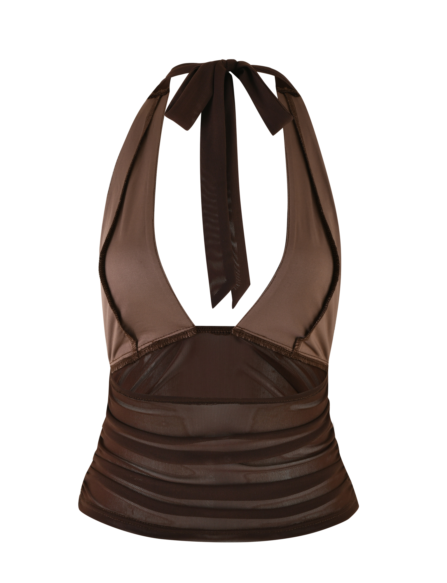The TIGERMIST BRESILY TOP - BROWN : CHOCOLATE features a deep V neckline, form-fitting design, sheer mesh midsection, bow tie neck closure, slight sheen fabric, and subtle embroidery for added style.