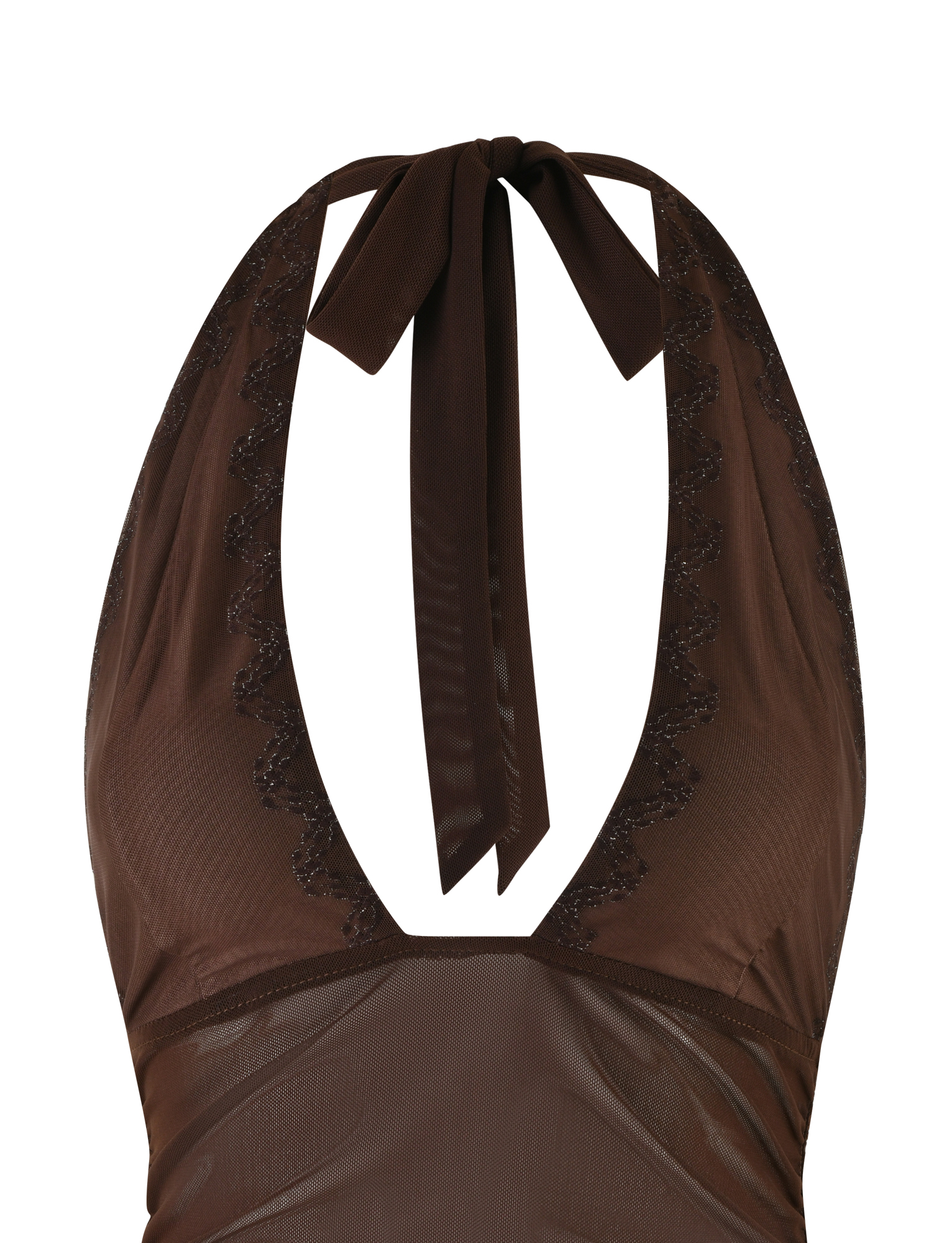 Close-up of the TIGERMIST BRESILY TOP - BROWN : CHOCOLATE, featuring a deep V neckline, subtle lace trim, and neck tie. Sheer, slightly glossy mesh fabric creates an airy feel in this stylish halter top.