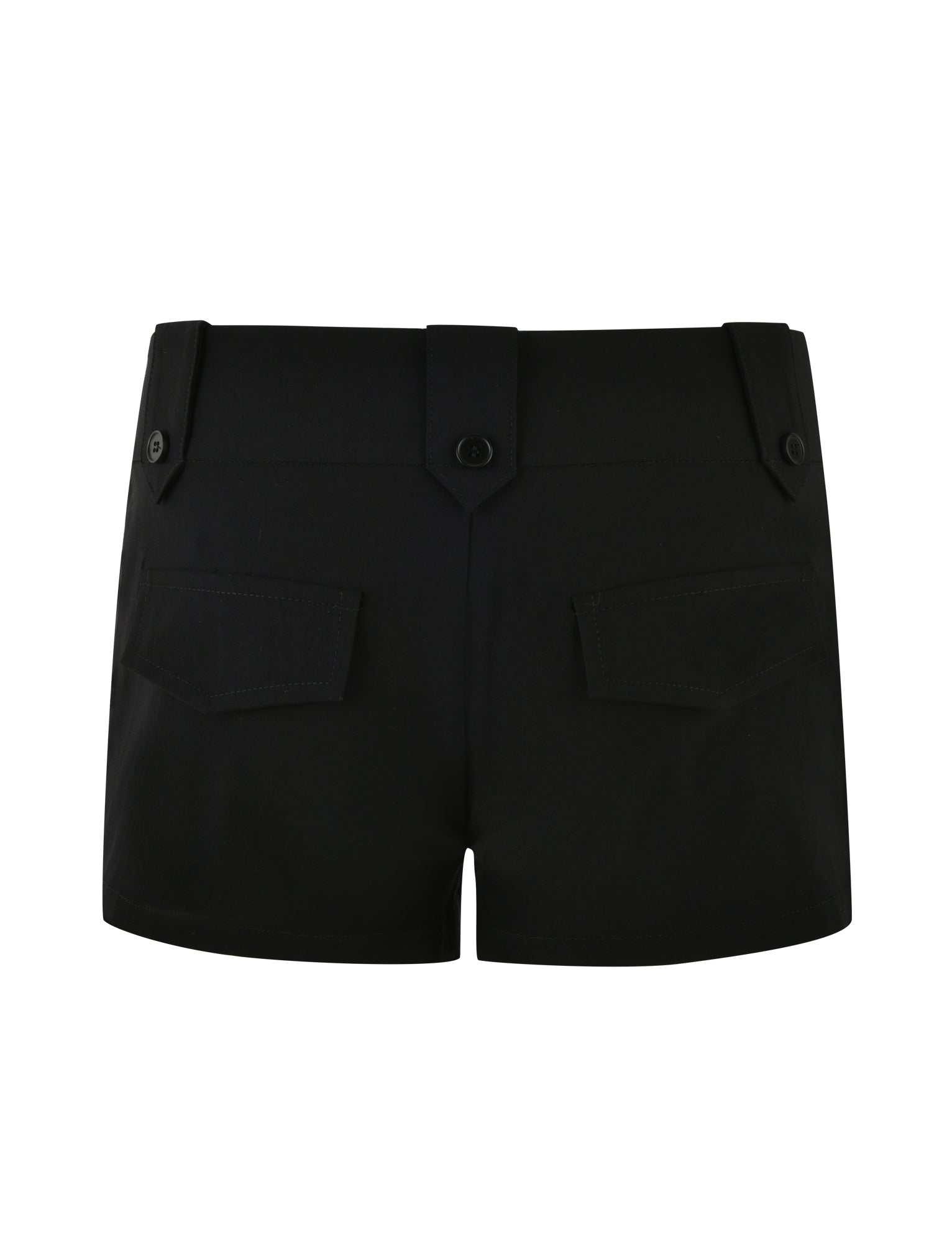 These KITTIE SHORTS in black from TIGERMIST boast a high-waisted silhouette with button closure and belt loops at the top. They feature two back pockets with buttoned flaps, made from a structured and smooth fabric.