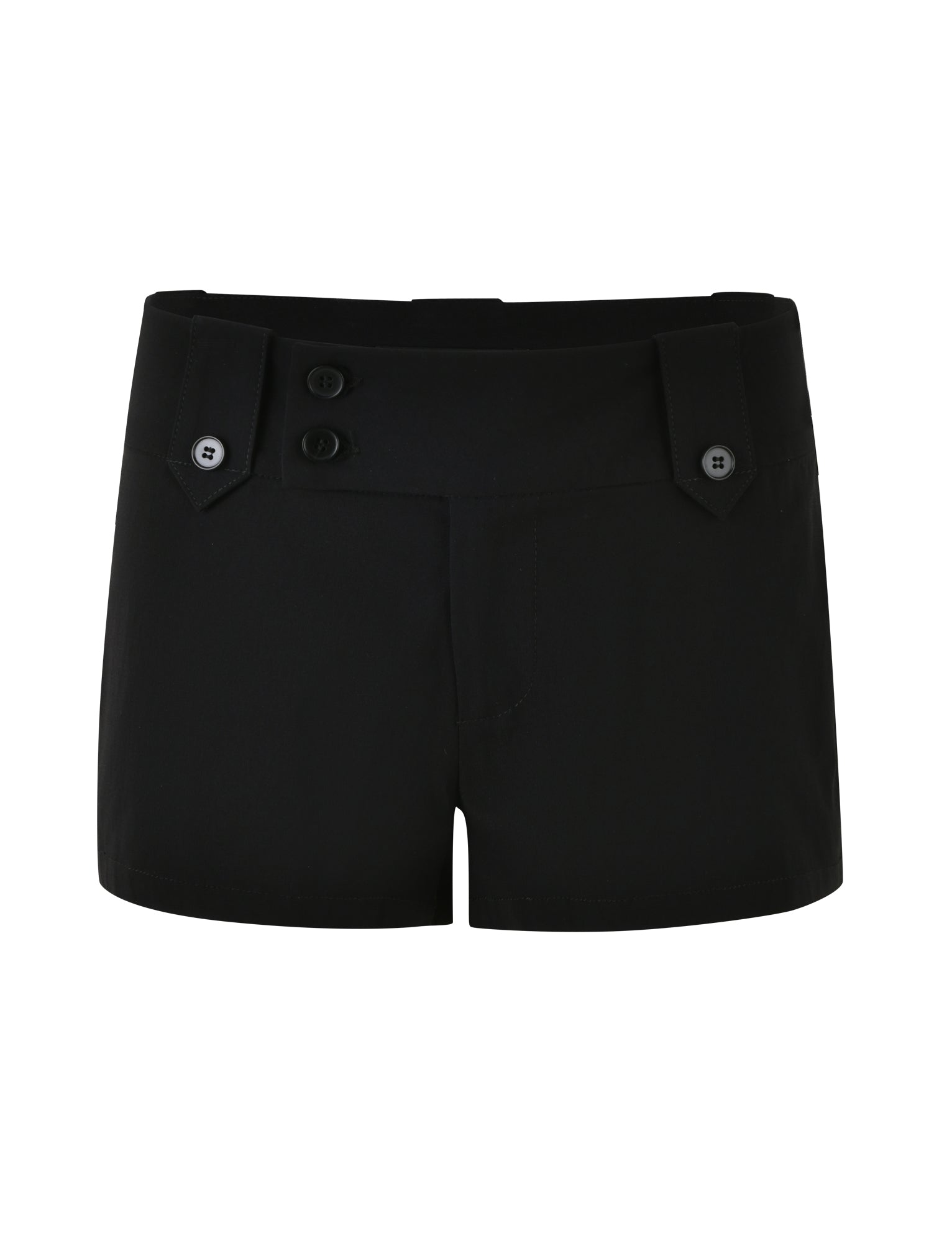 The KITTIE SHORT - BLACK by TIGERMIST are black, high-waisted shorts with two buttons on the waistband and an additional button on each side. These sleek shorts feature a short silhouette and have no visible pockets.