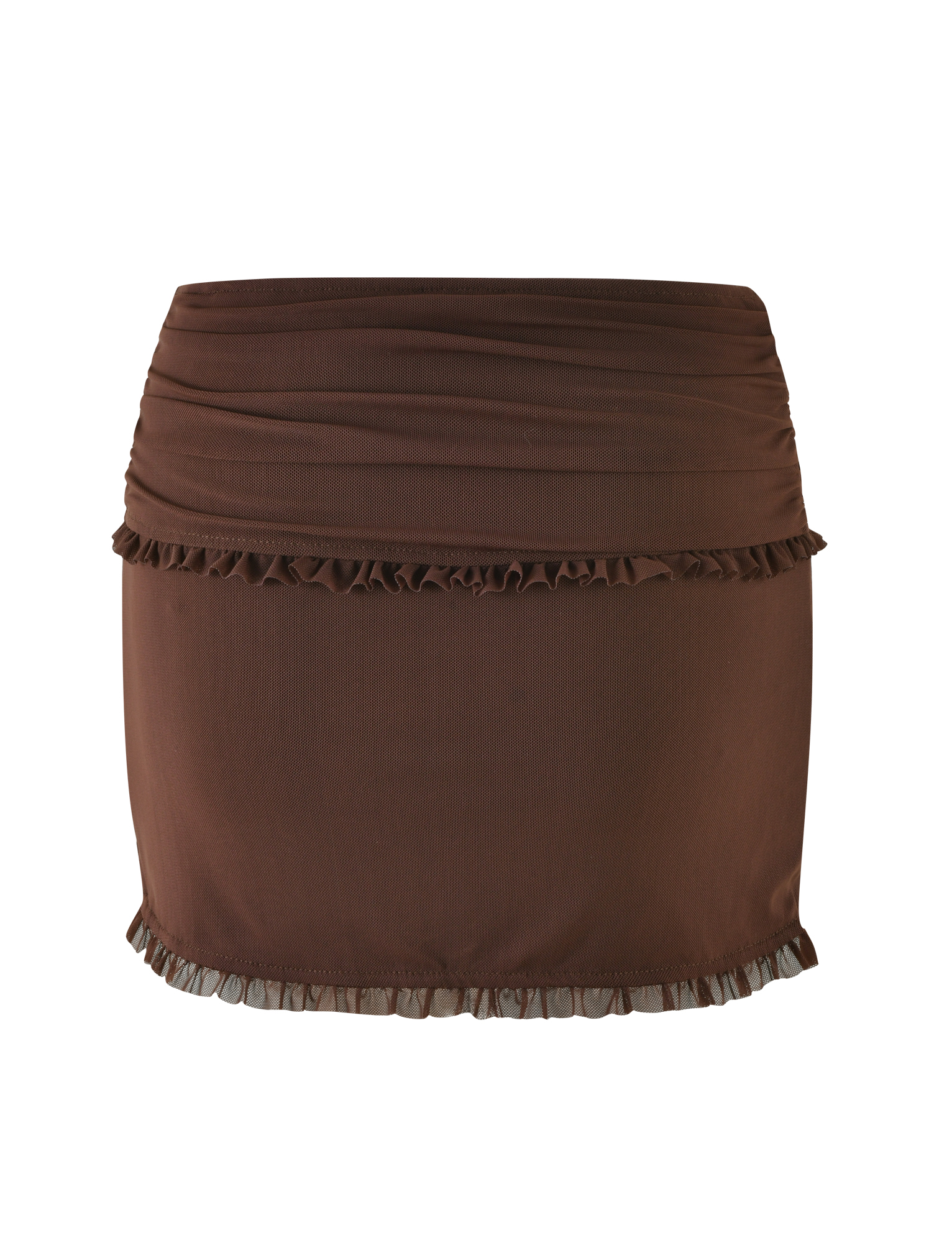 The TIGERMIST GINNY SKORT in chocolate brown features a ruched waistband, ruffle trim at the top and bottom, and a flattering bodycon fit, shown against a white background.