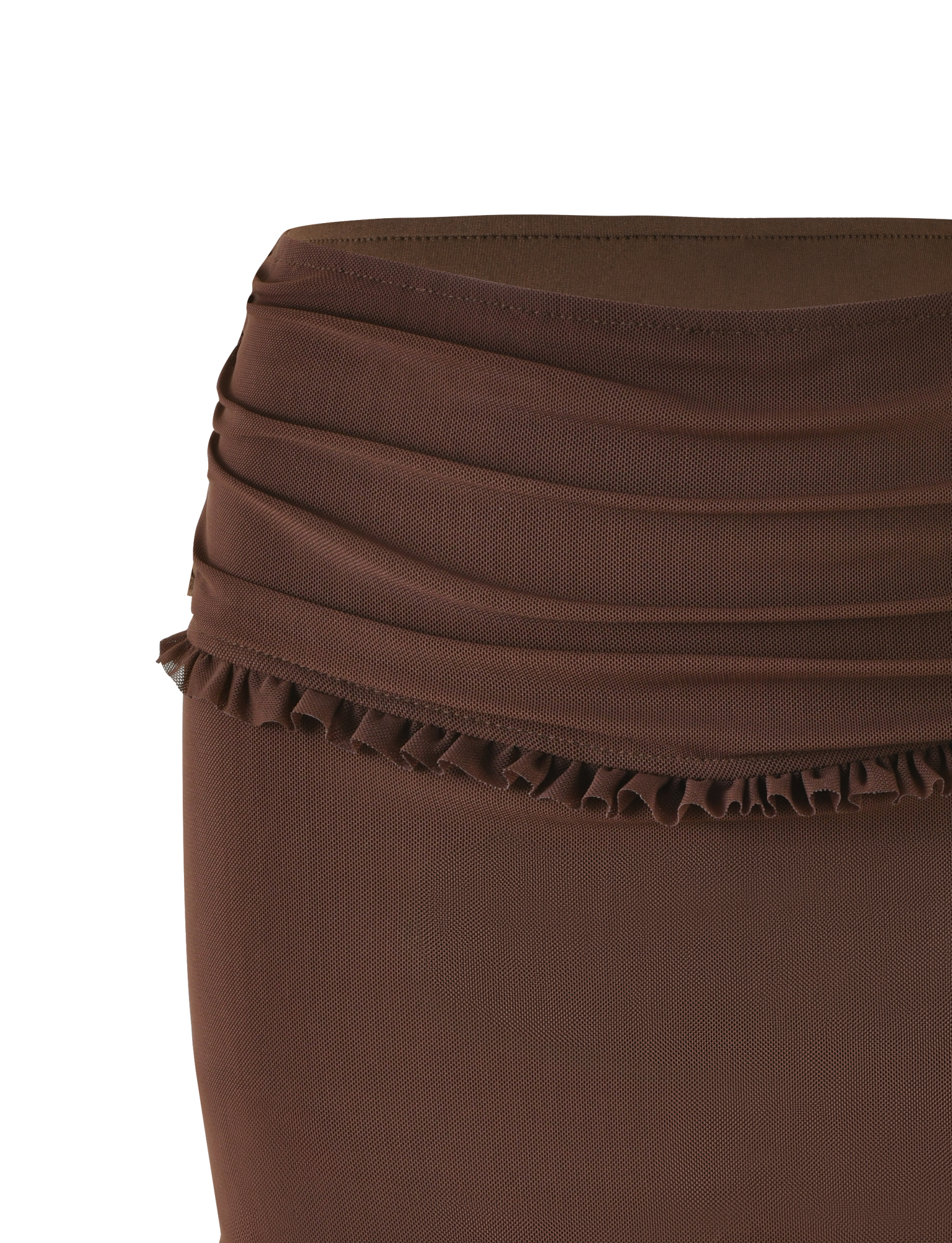 Close-up of the TIGERMIST GINNY SKORT in Chocolate Brown, a high-waisted design with ruffle detail at the waist and a smooth fabric finish, photographed against a plain white background.