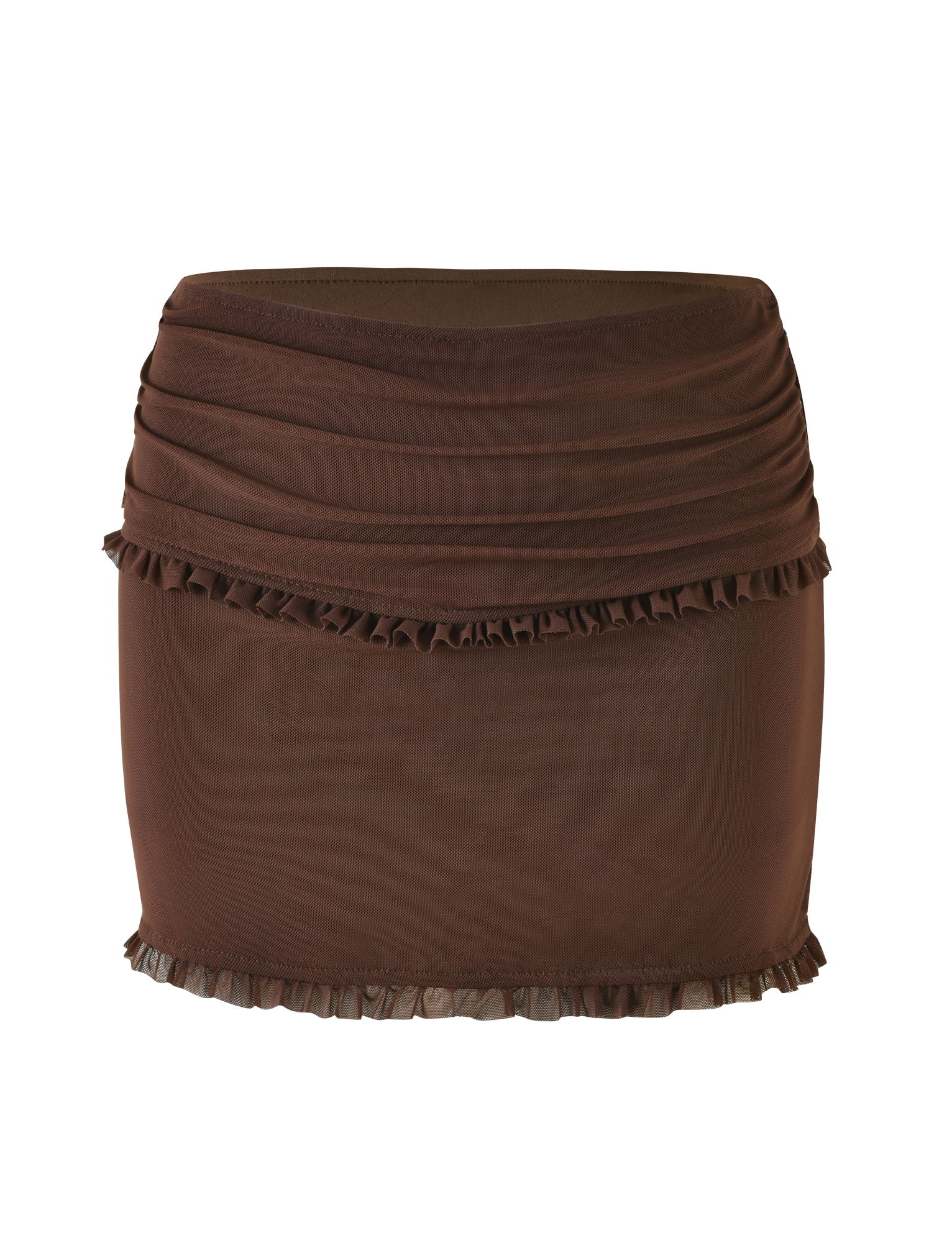 The TIGERMIST GINNY SKORT - BROWN : CHOCOLATE features ruched and ruffle detailing along the top and bottom edges, a flattering bodycon fit, and is displayed against a white background.