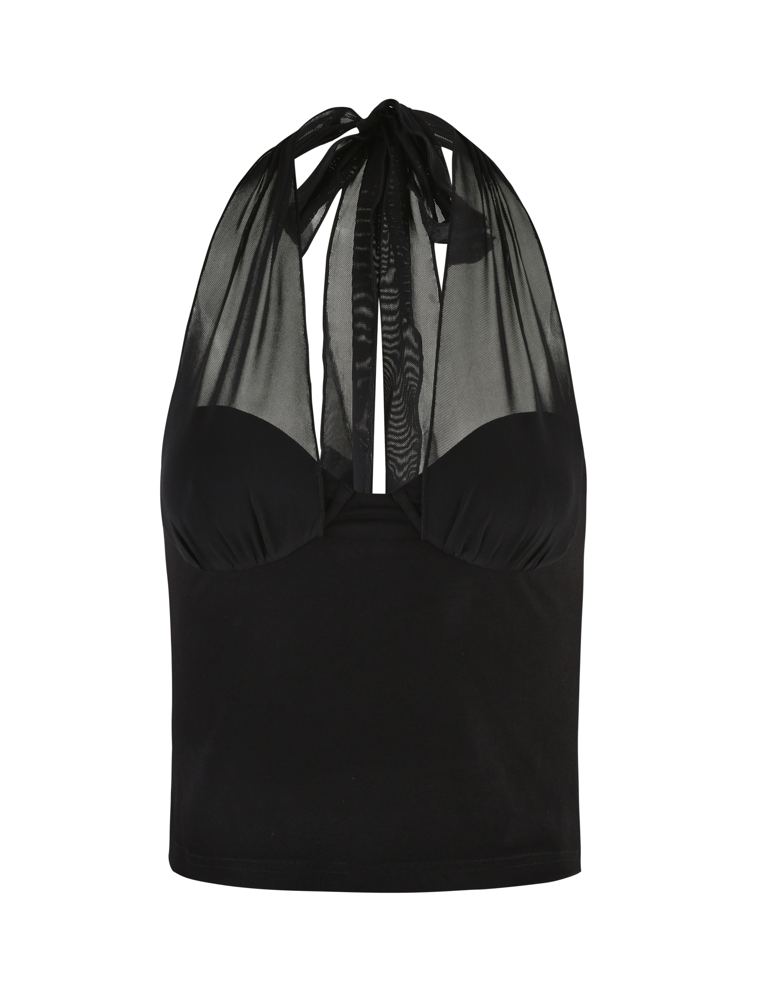 The TIGERMIST GRANGER TOP - BLACK features a black halter neck design with sheer mesh tying at the neck and shoulders, complemented by a solid fitted body in a flattering bodycon fit.