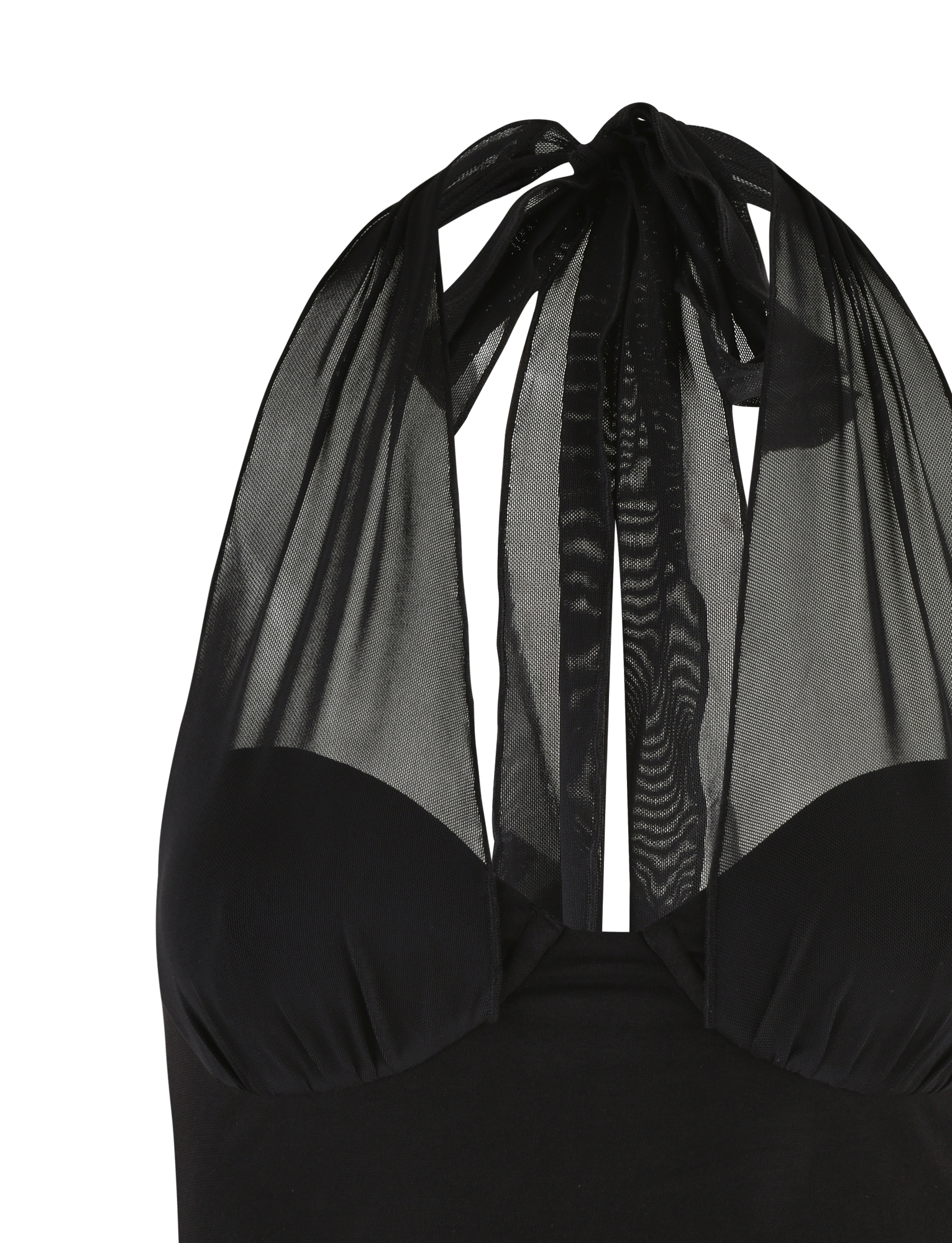 Close-up of the TIGERMIST GRANGER TOP in black, featuring a halter neckline with sheer mesh forming a tied bow behind the neck and a solid, high-stretch bodice for a soft, elegant look over the shoulders and upper chest.
