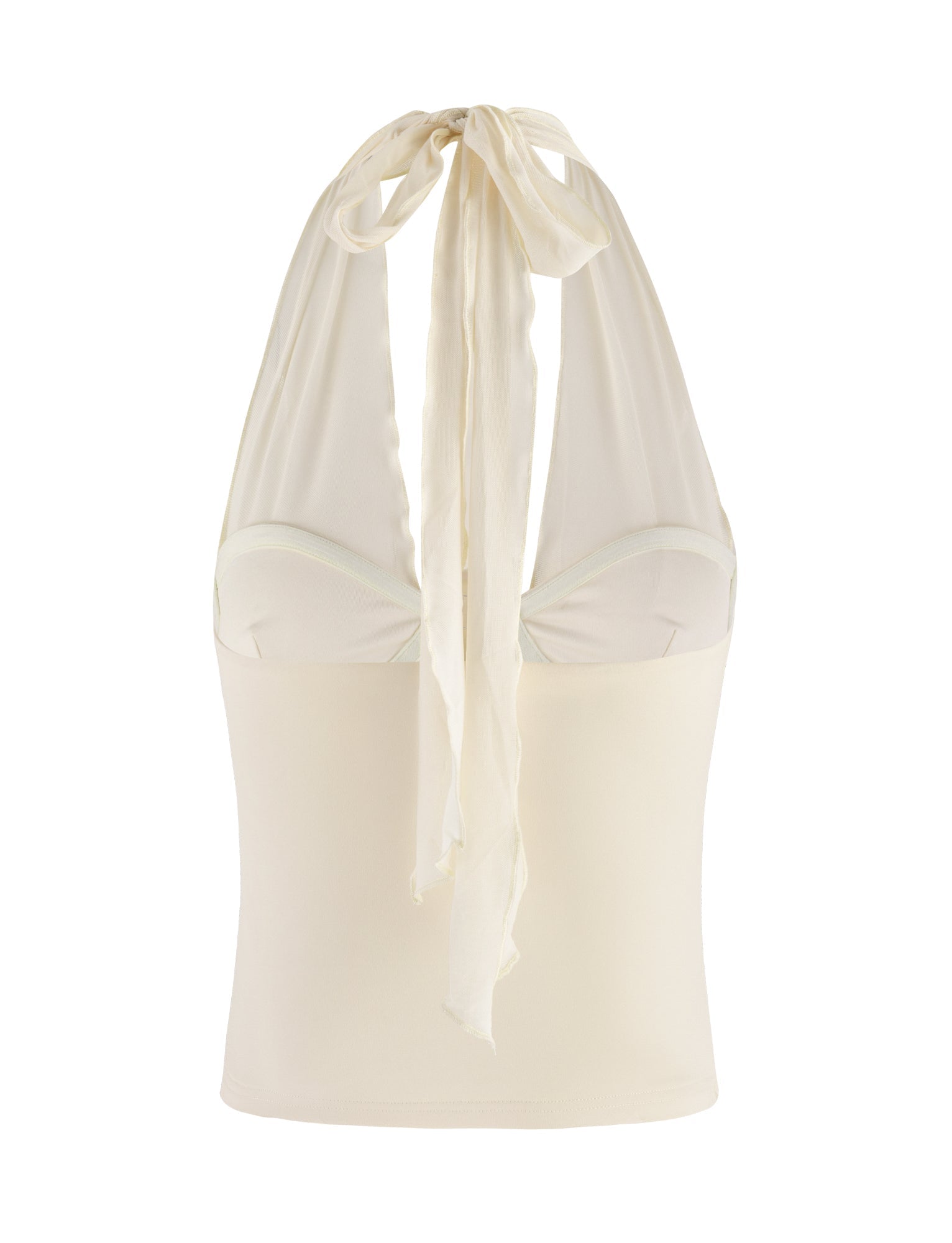 Introducing the GRANGER TOP by TIGERMIST: a stunning cream-colored halter top adorned with a stylish bow tie at the neck. It boasts a fitted bodice and a sweetheart neckline, crafted from soft fabric that elegantly drapes at the back, creating a sophisticated and chic bodycon silhouette.