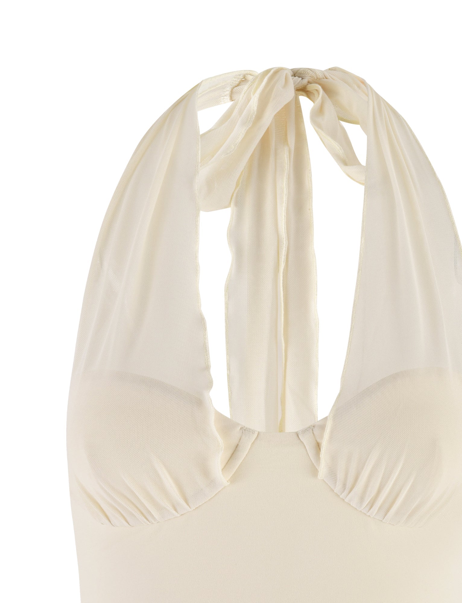 Introducing the GRANGER TOP - WHITE : CREAM by TIGERMIST: a stylish halter-neck piece showcasing an elegant tie detail at the back. The smooth fabric is beautifully gathered at the bust, providing a sophisticated appearance with a flattering bodycon fit.