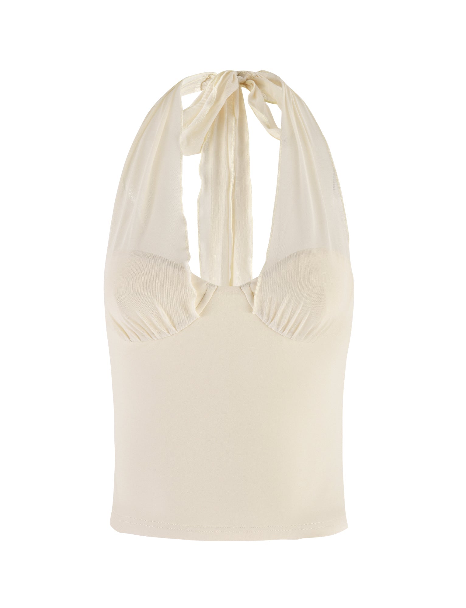 Introducing the GRANGER TOP - WHITE : CREAM by TIGERMIST: a stunning halter neckline creation featuring a tie-up design at the back. This masterpiece boasts a fitted bodice and soft, gathered bust for an elegant bodycon fit.