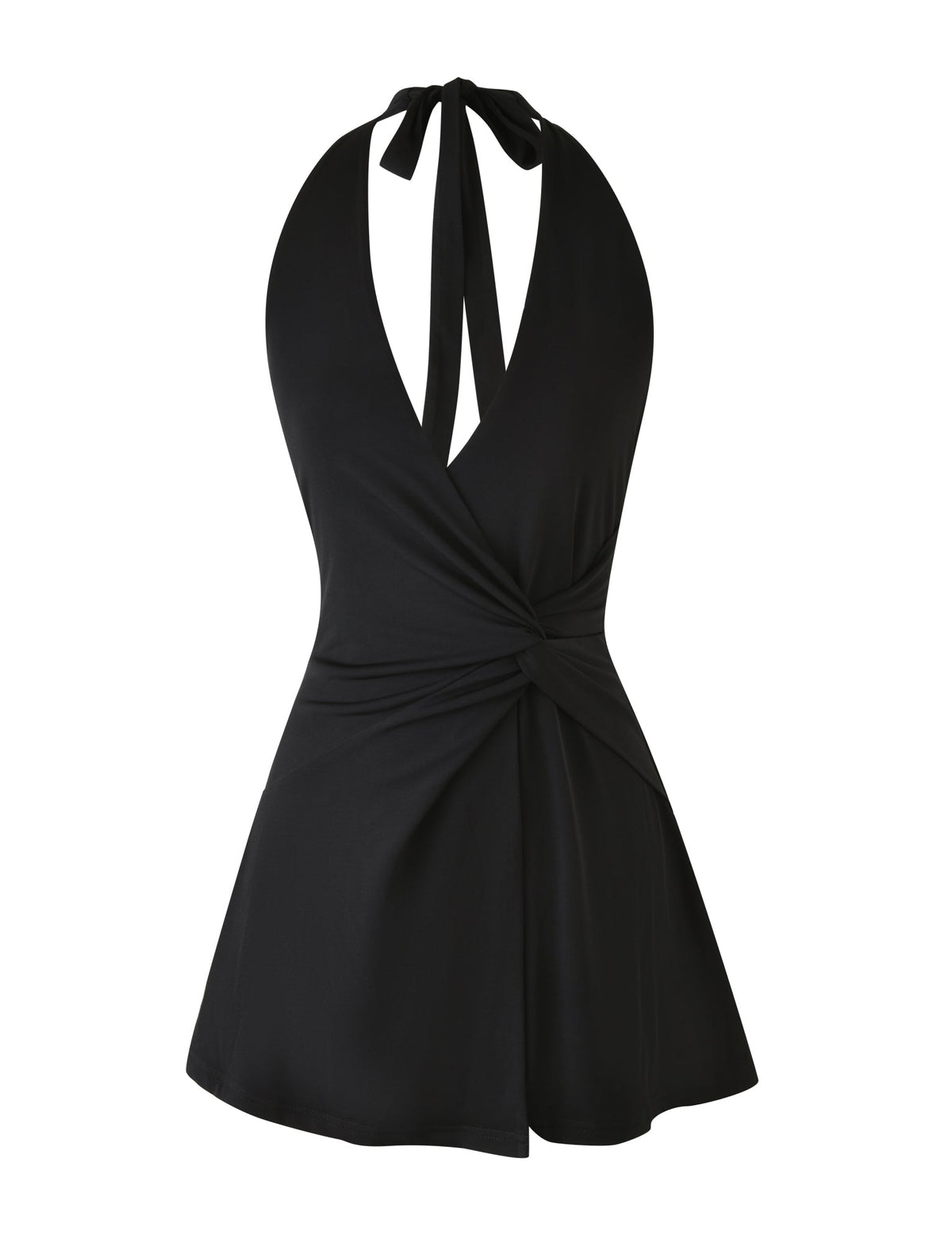 The Black Parris Mini Dress by TIGERMIST features a halter neckline with a wrap-around design and showcases a flared skirt-style bottom. It includes a deep V-neckline and a tie closure at the back of the neck for an elegantly simple look.