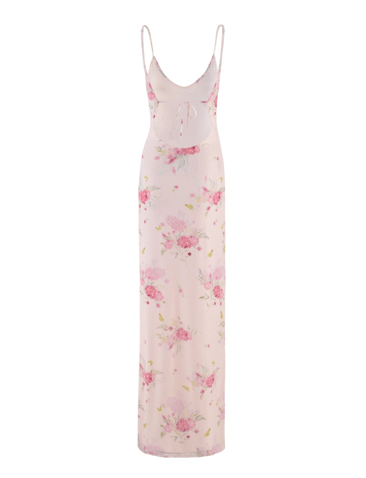 Discover the OSIRIS DRESS by TIGERMIST—a long, sleeveless creation in a soft pink hue with delicate watercolour floral prints. This stunning design features thin straps and an intricate pattern of pink and green flowers, accented by a fitted waistline and flowy maxi silhouette made with exquisite mesh fabrication.