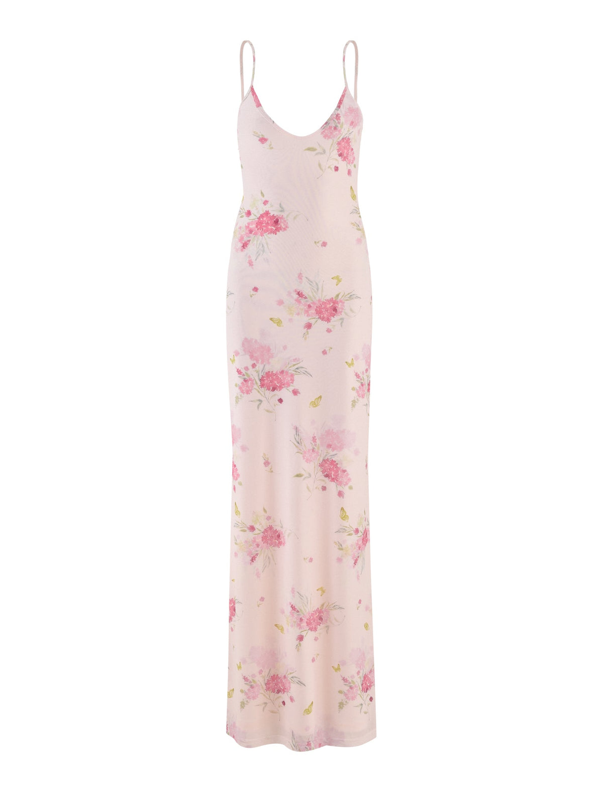 The OSIRIS DRESS by TIGERMIST is a maxi length design that exudes a soft, feminine appeal. This long, sleeveless dress features thin shoulder straps and showcases a light pink background adorned with delicate watercolor-style pink flowers and green leaves, making it perfect for any occasion.