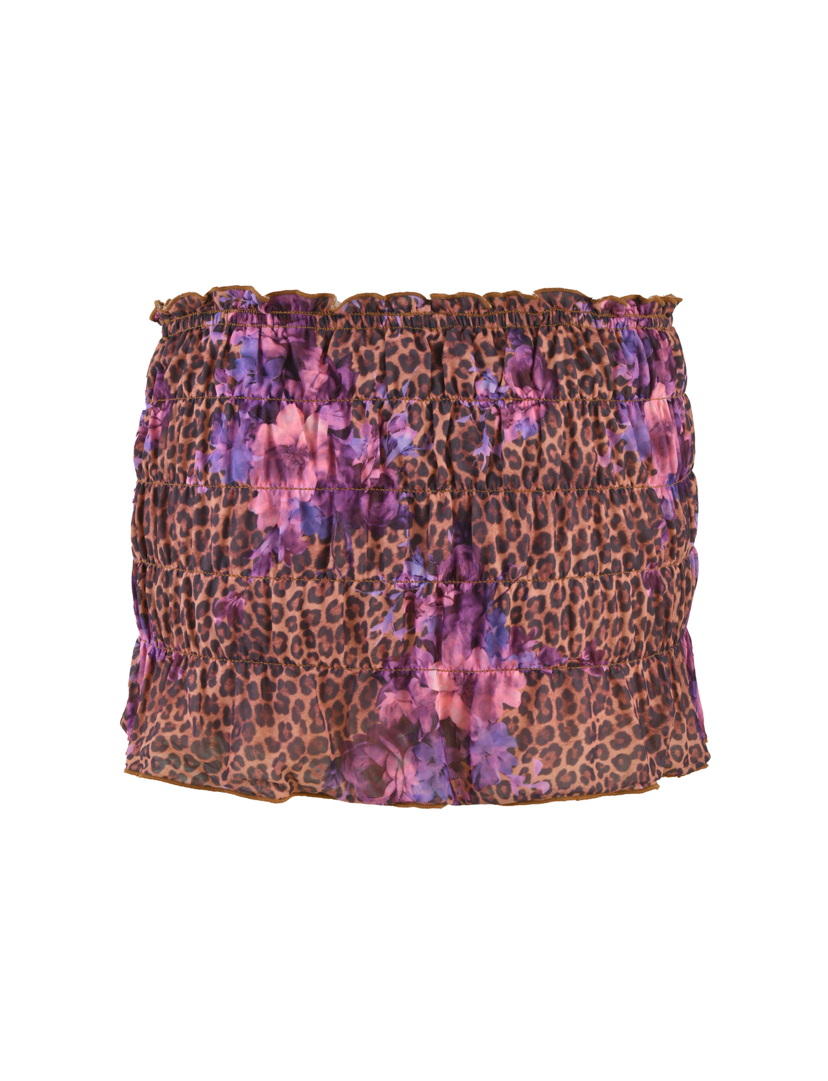 The HOLLIS SKORT by TIGERMIST is a strapless, ruched super mini skort featuring a neutral floral leopard print with purple accents and a ruffled, layered texture.