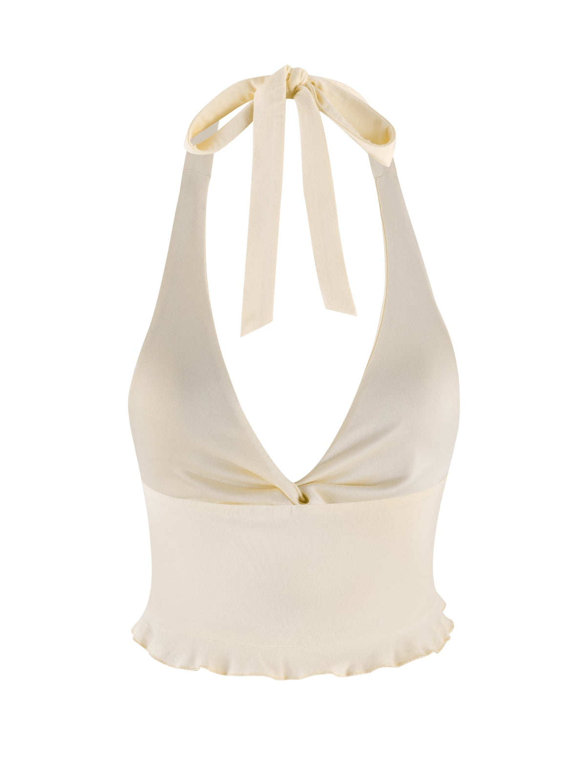 The TIGERMIST KATYA HALTER TOP in cream features a plunging V-neck, tie neck, fitted bodice, and subtle ruffle hem. Made from buttery jersey, its smooth and shiny fabric adds an elegant touch.