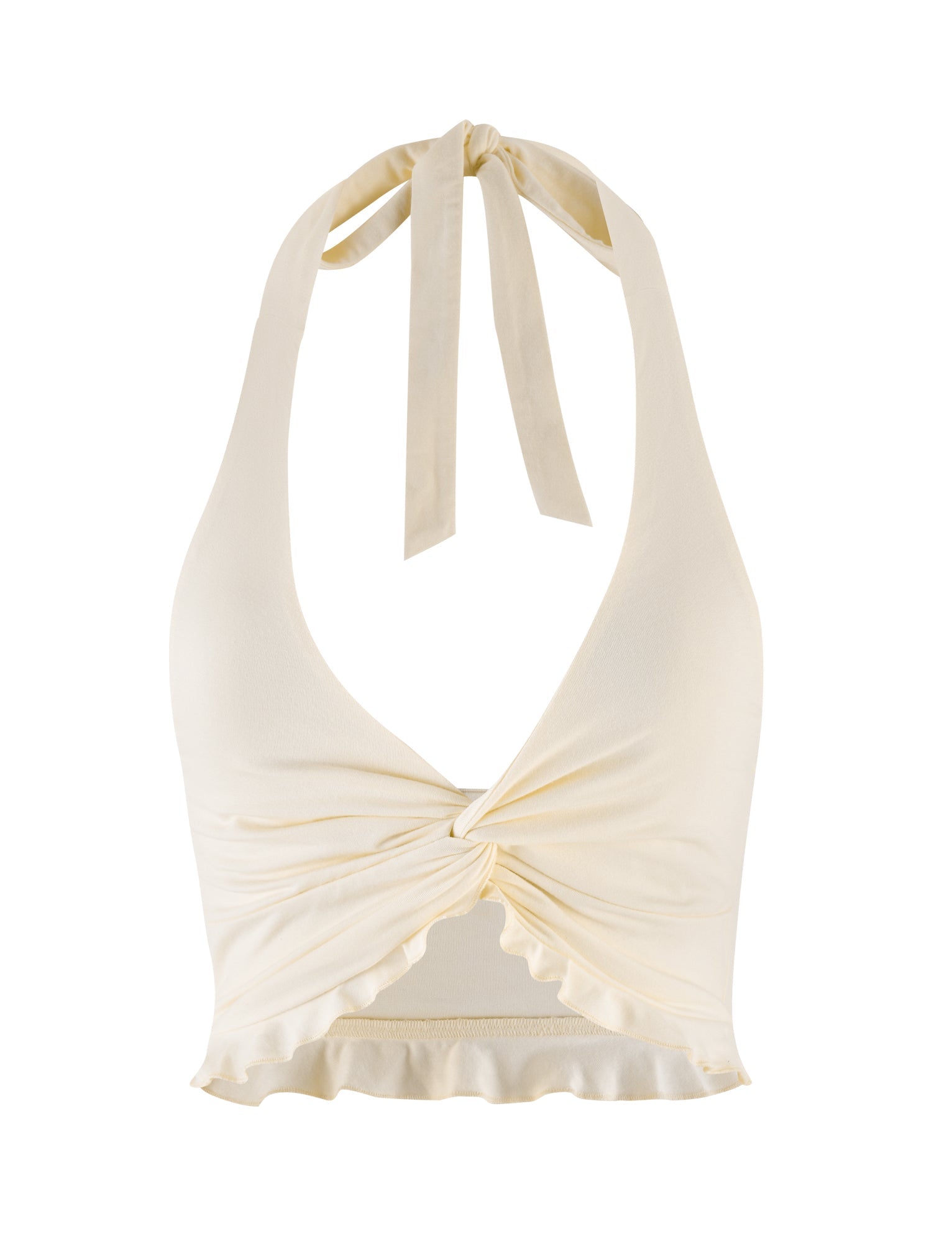 The KATYA HALTER TOP by TIGERMIST in cream features a deep V-neckline, knotted front, and ruffled hem. Made from buttery jersey fabric for comfort, it includes an adjustable tie at the neck.
