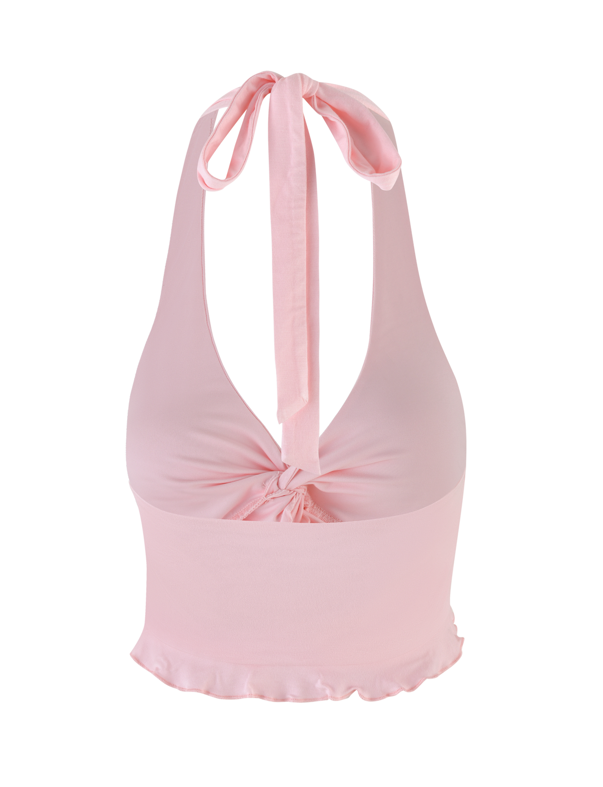 The KATYA HALTER TOP by TIGERMIST features a pale pink hue, deep V-neckline, center twist, wide self-tie bow at the neck, and a slightly ruffled hem for a soft, feminine touch.